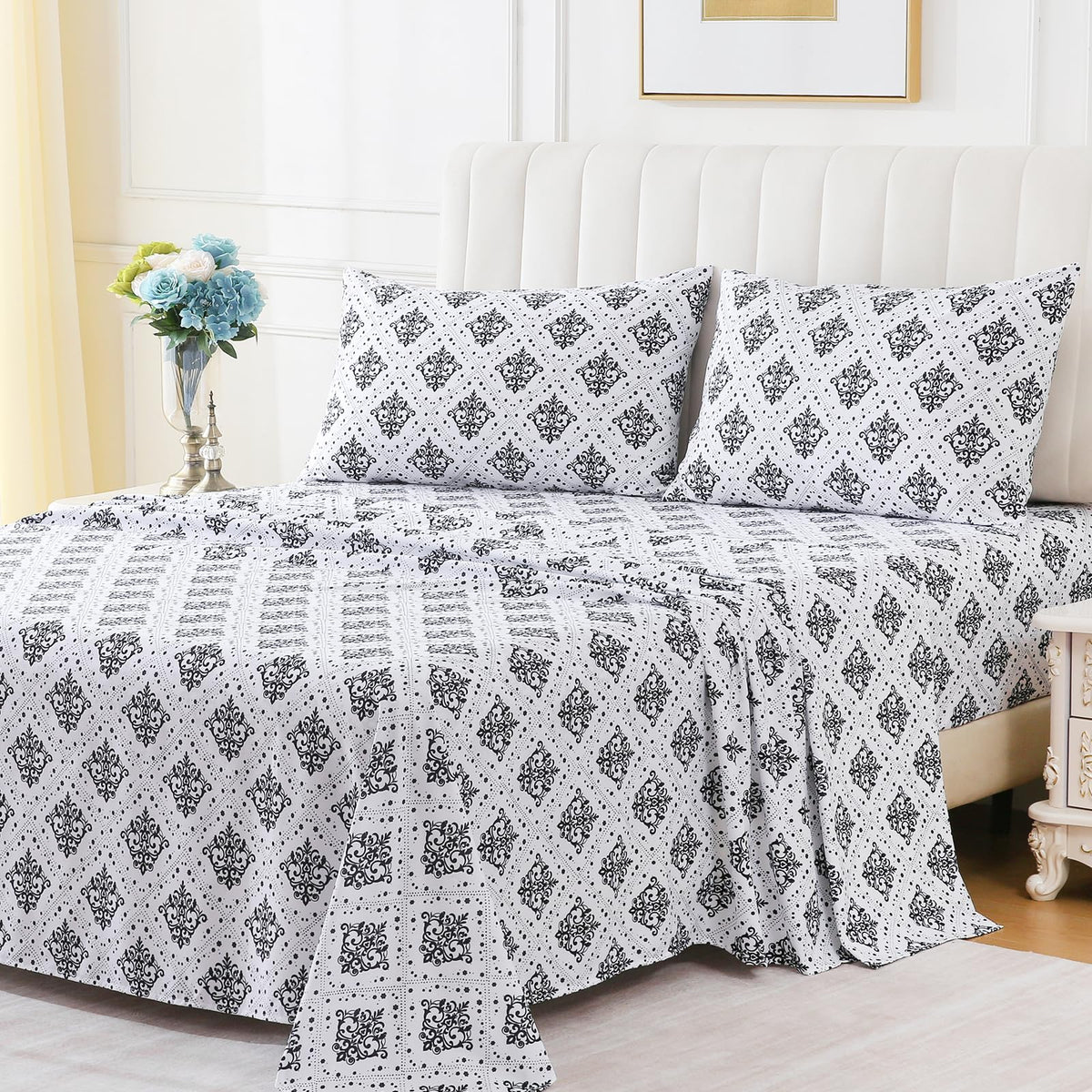 ChicView King Size Damask Printed Sheet Set,4 Pieces Boho Style Breathable Soft Microfiber Bedsheets, Anti Pilling Deep Pockets Easy Care Bed Sheets, Black