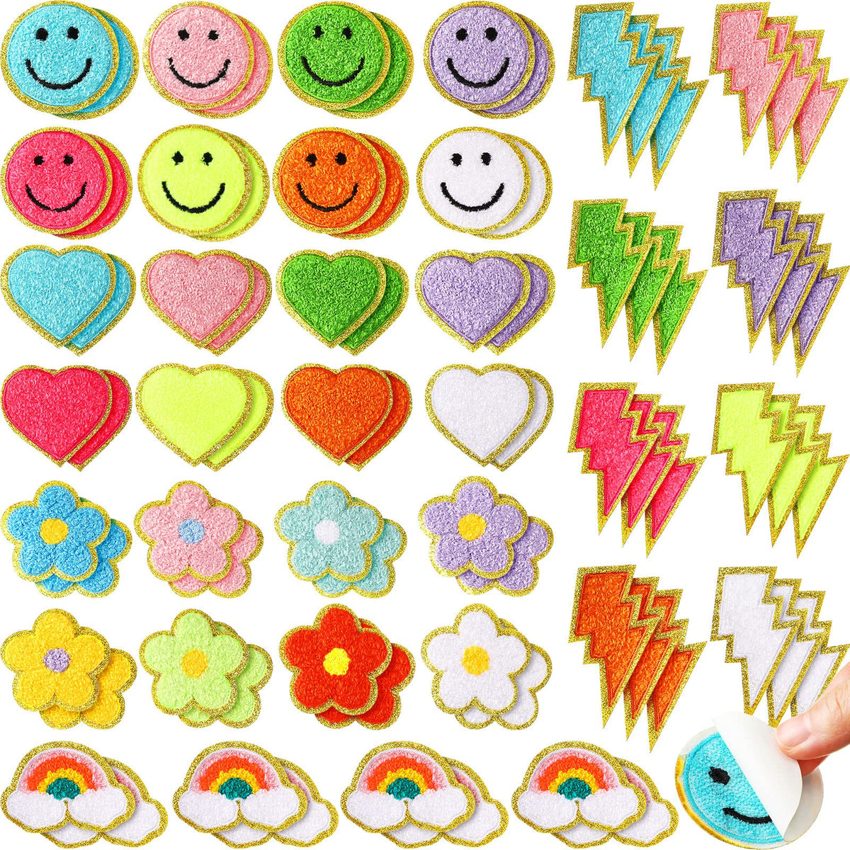 Hanaive 80 Pcs Chenille Letter Patches Self Adhesive Iron on Patch 3D Cute Embroidered Rainbow Smile Face Heart Applique Sewing Badges Patch for Fabric Clothing Jacket DIY(Assorted Rainbow,Cute)