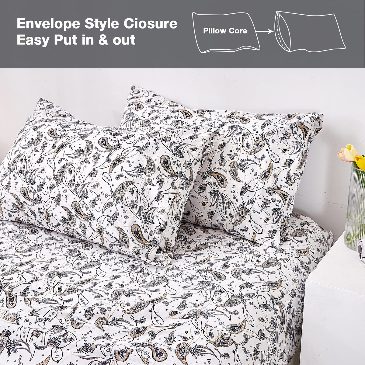 JSD Grey Paisley Printed Sheet Set Queen Size, 4 Piece Soft Retro Pattern Microfiber Sheets Extra Deep Pocket