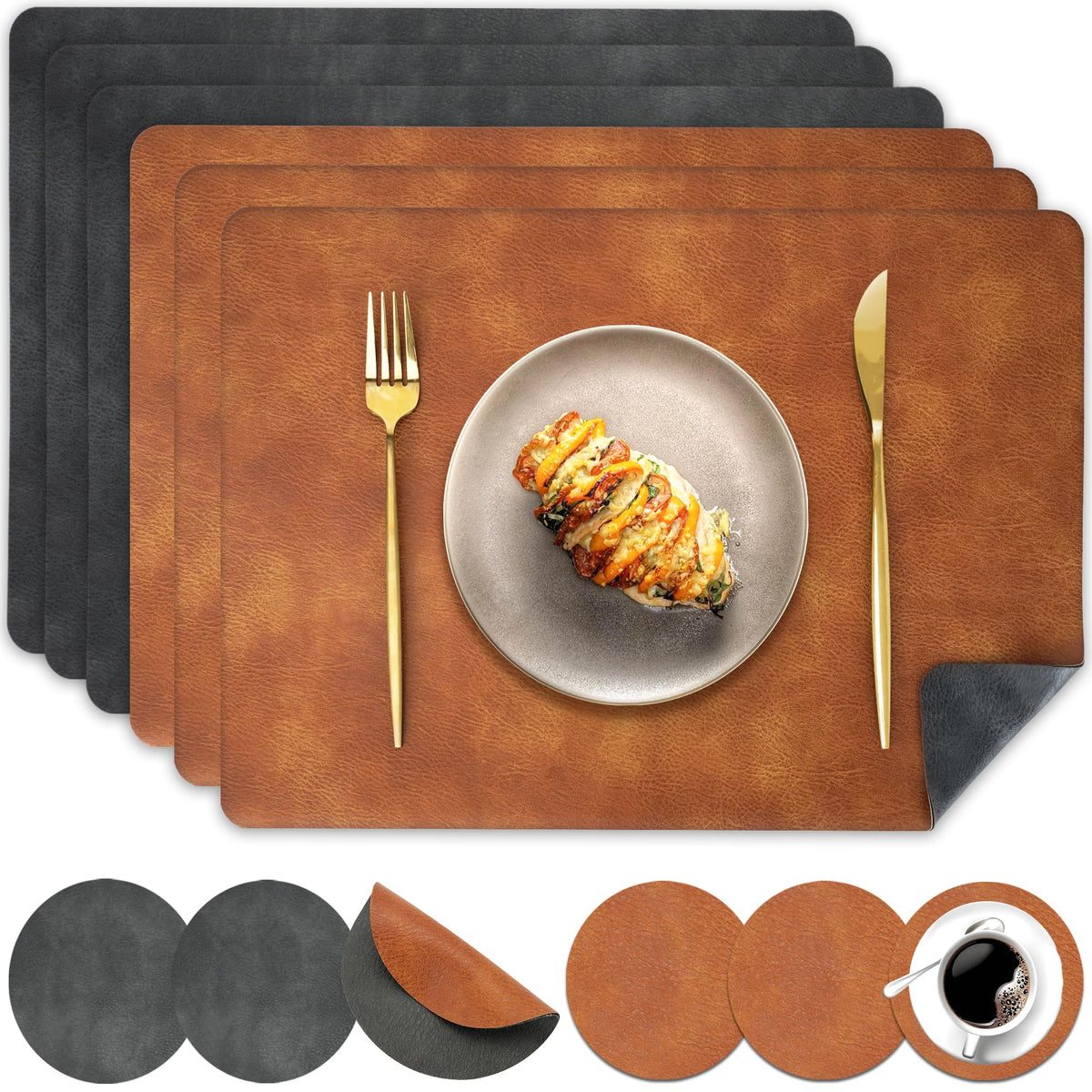 Pixieora Faux Leather Placemats and Coasters Set of 6, Washable Reversible Placemats Cowhide Pattern Place Mats Waterproof Non-Slip Kitchen Dining Table Mats Drink Coasters (Gray Brown, 6)