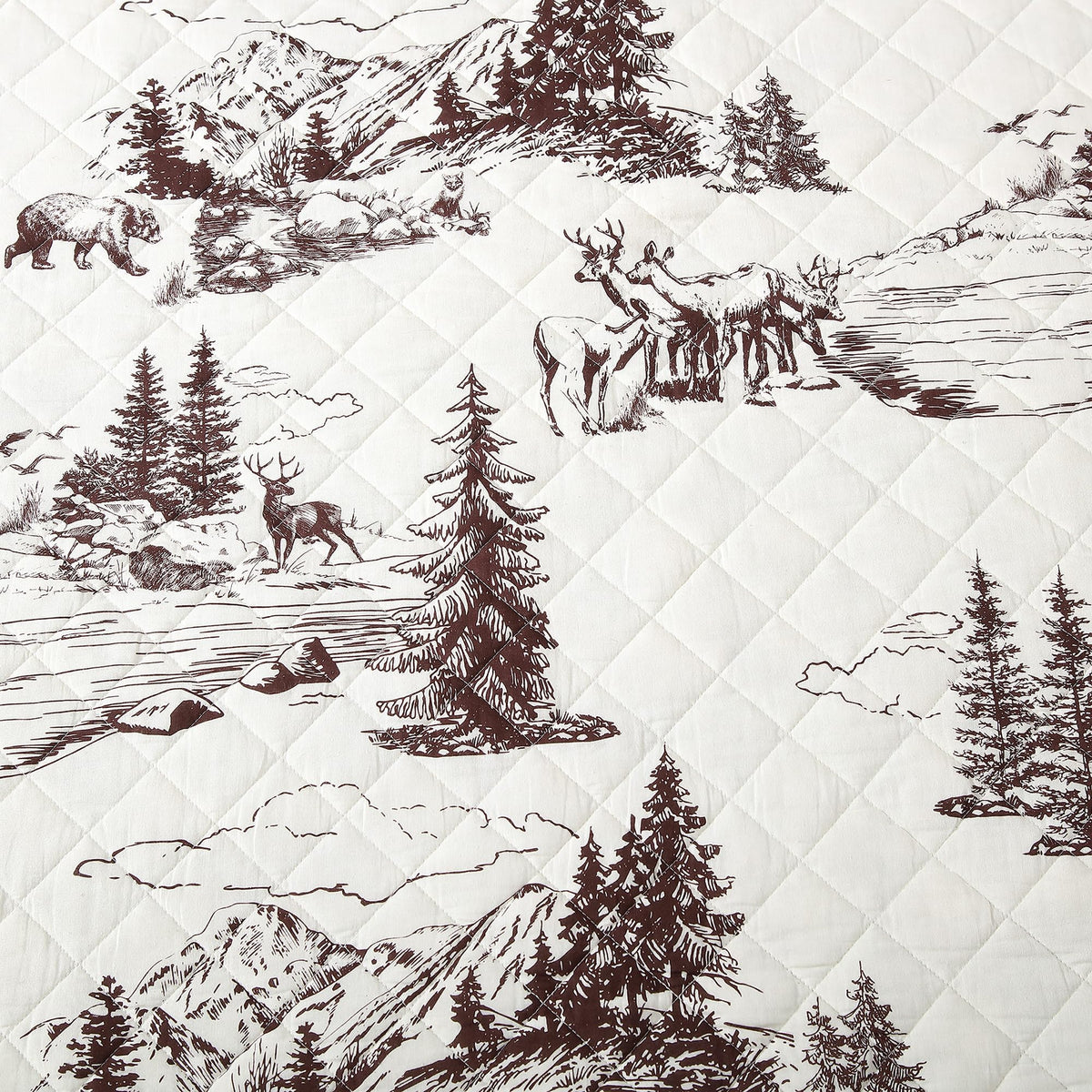 Paseo Road White Pine Rustic Bedding 3 Piece Full Queen Quilt Set, Cotton White Brown Bear Deer Pine Tree Woodland Print Cabin Bedding, Reversible Lodge Quilt Set with Pillow Shams