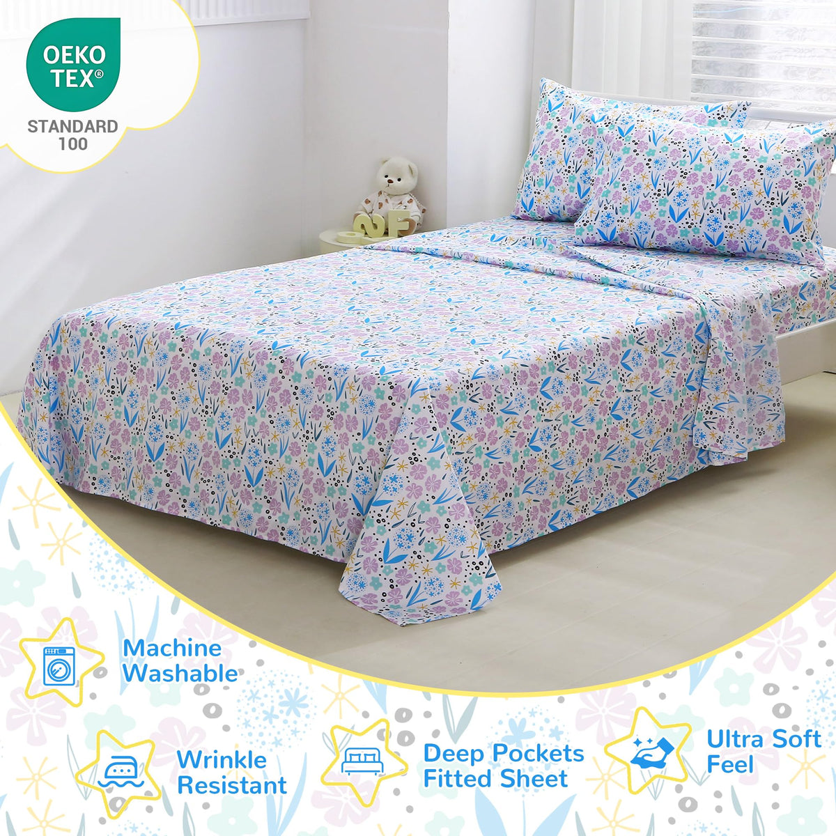 Viviland 3 Pieces Girls Purple Floral Twin Sheet Set - Soft Microfiber Fitted Flat Sheets & Pillowcase - Purple Colorful Flower Print Bedding Sets - for Kids & Toddlers