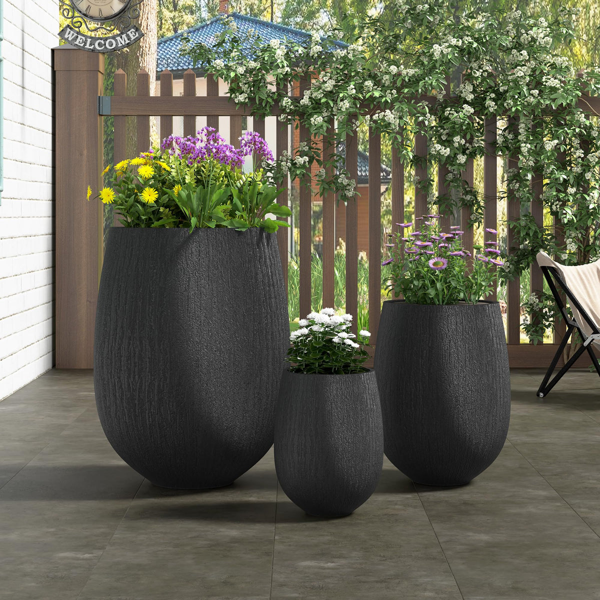 GDFStudio Lightweight MgO Egg-Shaped Planter Set of 3 Large Indoor Outdoor Plant Pots with Drainage Hole & Rubber Plug, Stone Texture Round Flower Pots for Patio Balcony Garden Lawn Poolside, Black