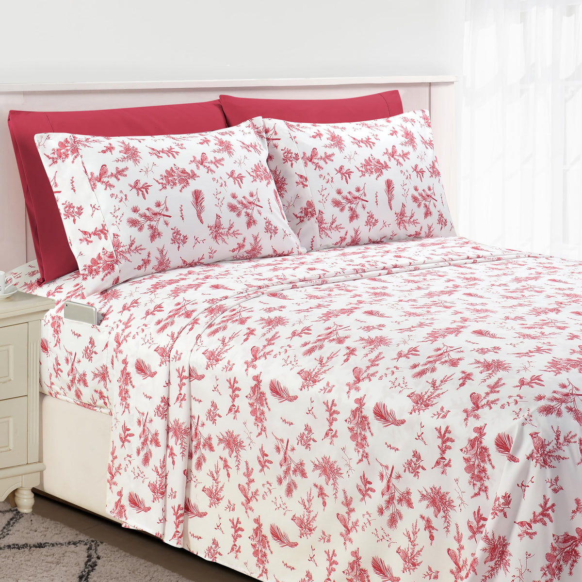 Elegant Comfort Luxury Soft Bed Sheets Cardinal Pattern - 1500 Premium Hotel Quality Microfiber Softness Wrinkle and Fade Resistant (6-Piece) Bedding Set, Queen, Cardinal