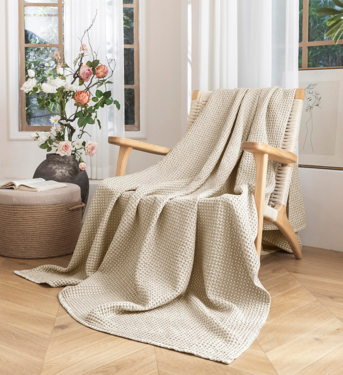 Talasily 100% Cotton Blanket Queen Size for Bed - Spring and Summer Cooling Lightweight & Breathable Bedding -Soft Waffle Weave Christmas Blanket, Machine Washable,Oatmeal,90x90 Inches