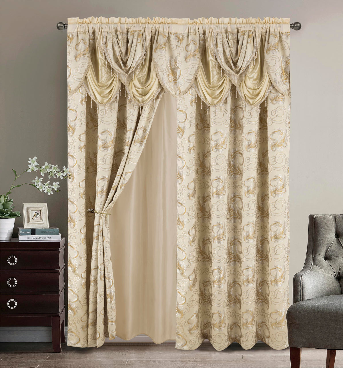 GLORY RUGS Jacquard Luxury Window 2 Panel Set Beige Curtain with Attached Valance and Backing Bedroom Living Room Dining 2 Curtains 55x84 inches Each Jana