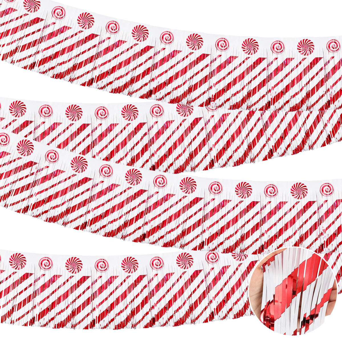 Mindsoft 4 Pack 39 ft Christmas Parade Floats Decoration Foil Fringe Candy Cane Peppermint Lollipop Metallic Tinsel Garland Table Skirts for Xmas Trailer Car Homecoming Party