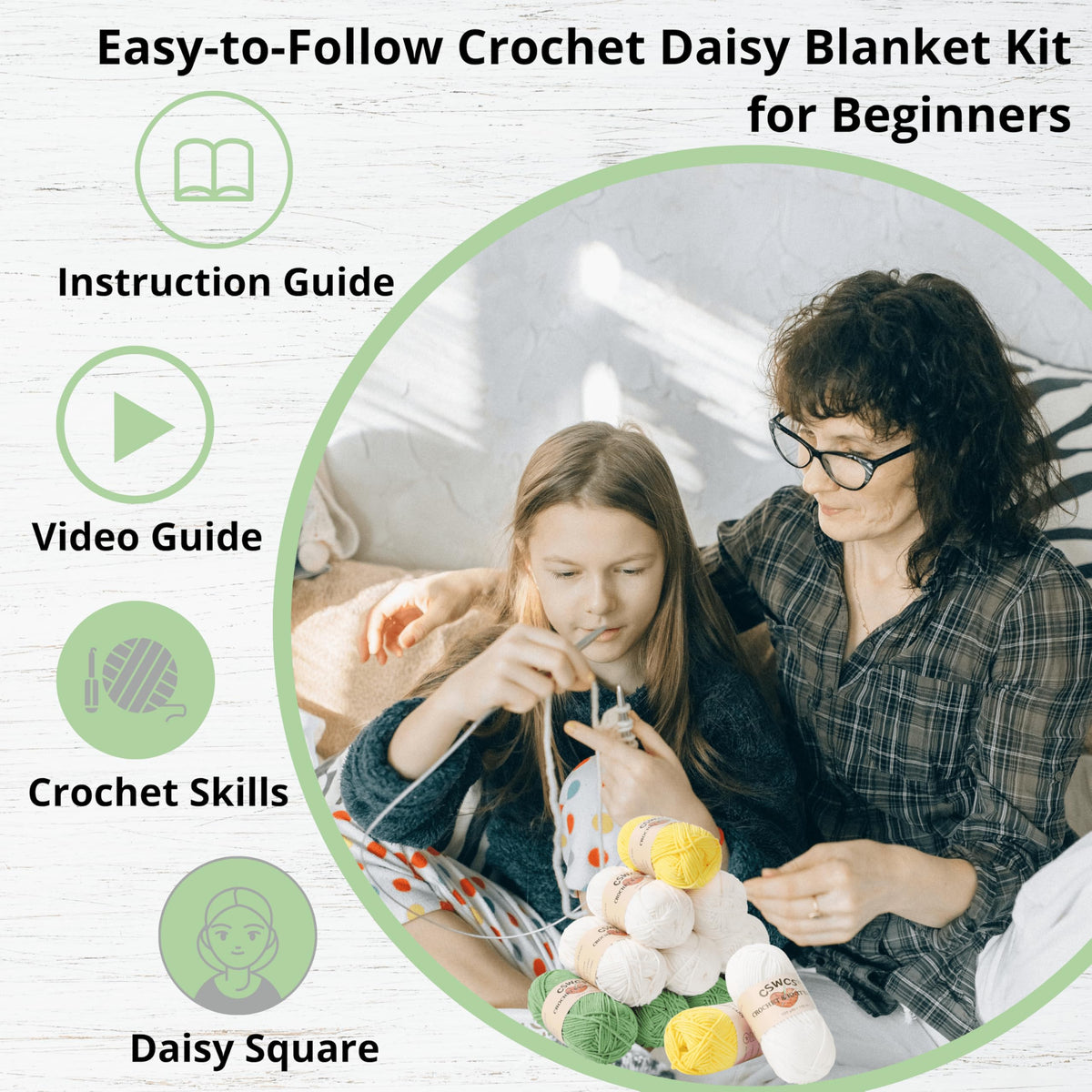 CSWCS Crochet Blanket Kit for Beginners, Daisy Granny Square Throw Kit for Adults, Easy Learn How to Knitting with Yarn & Hook, Complete Starter Set with Step-by-Step Instructions (39" x 31")