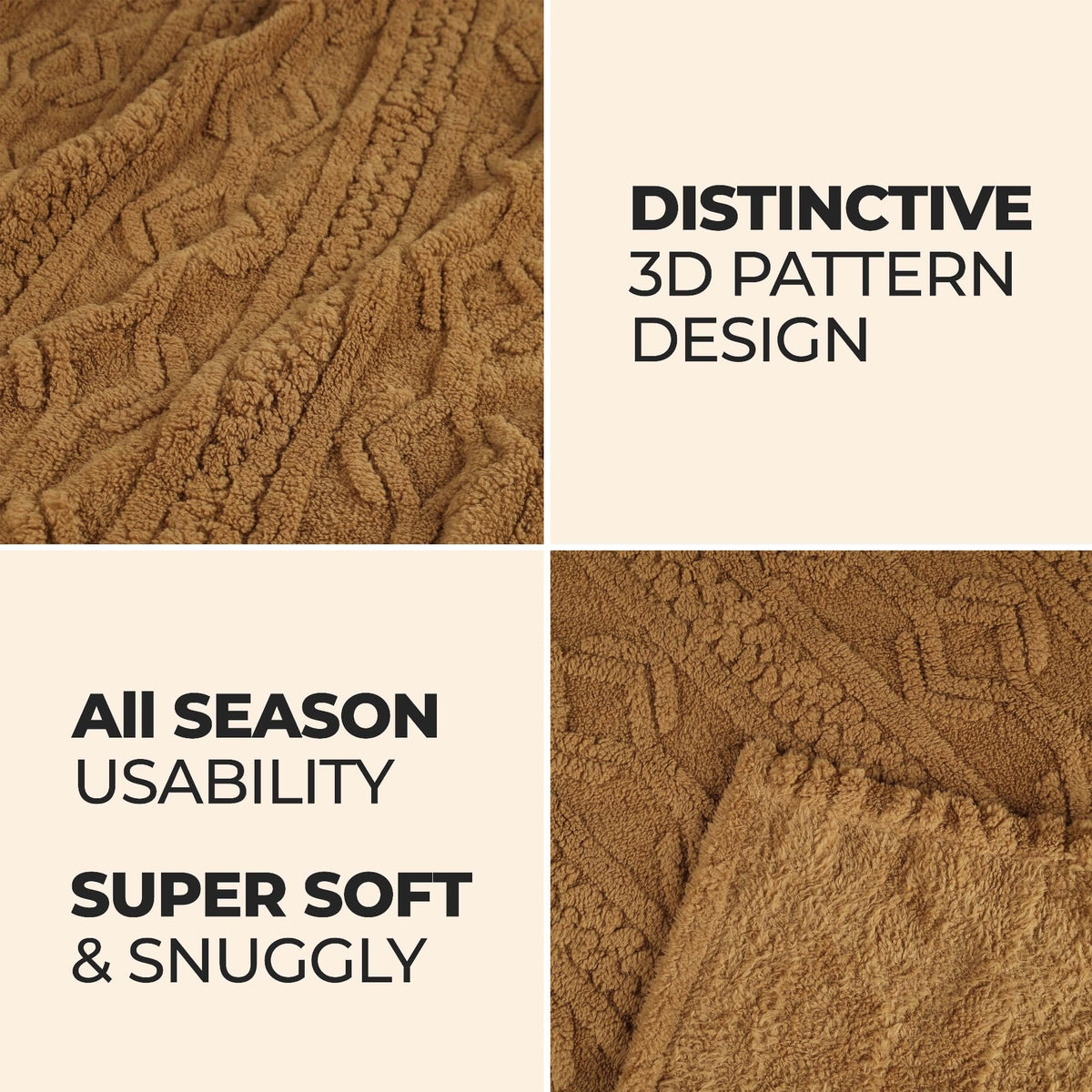 Superior Fleece Boho Jacquard Blanket, Decorative Blankets for Bedroom, Sofa, Fuzzy, Plush, Fluffy, Soft, Cute Room Decor, Beautiful Cover, Comfort Essentials, Arctic Collection, King, Camel