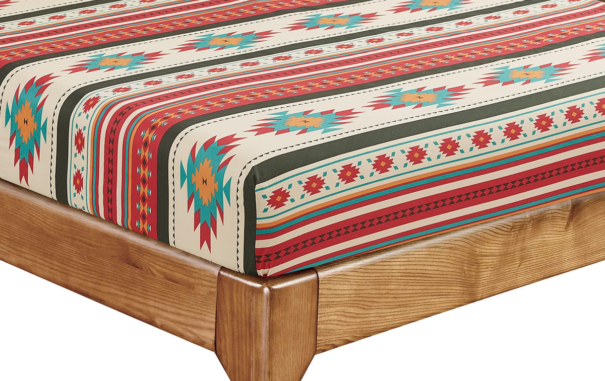 Chezmoi Collection Prescott 3-Piece Southwestern Microfiber Sheet Set, Printed Geometric Tribal Multicolor Cream Red Teal Orange Bed Sheets, Twin XL Size