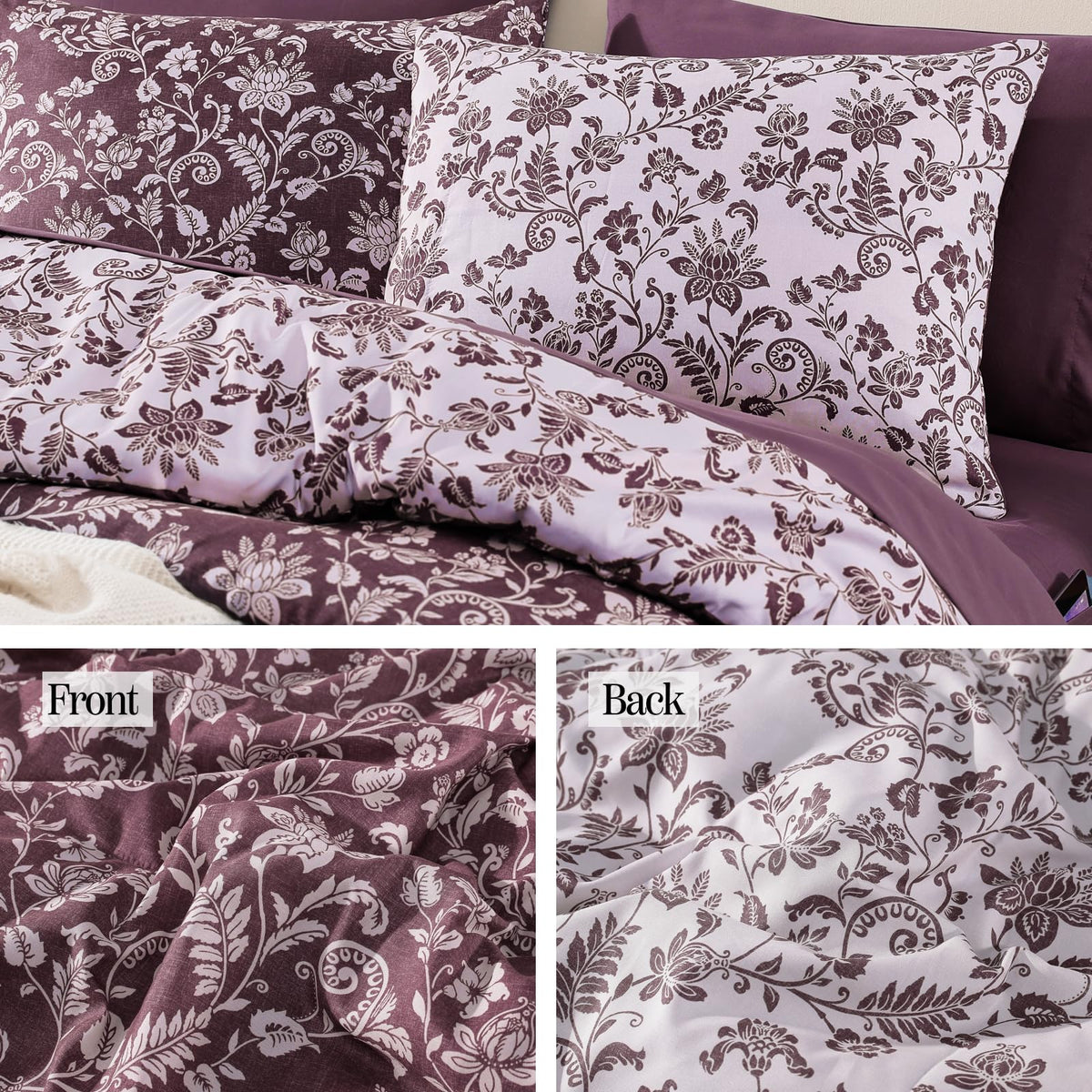 BLOOMHAVEN Queen Comforter Set -7 Pieces Floral Dark Purple Comforter Set for All Seasons, Bed in a Bag Queen with Botanical Flowers Comforter, Sheets, Pillowcases & Shams