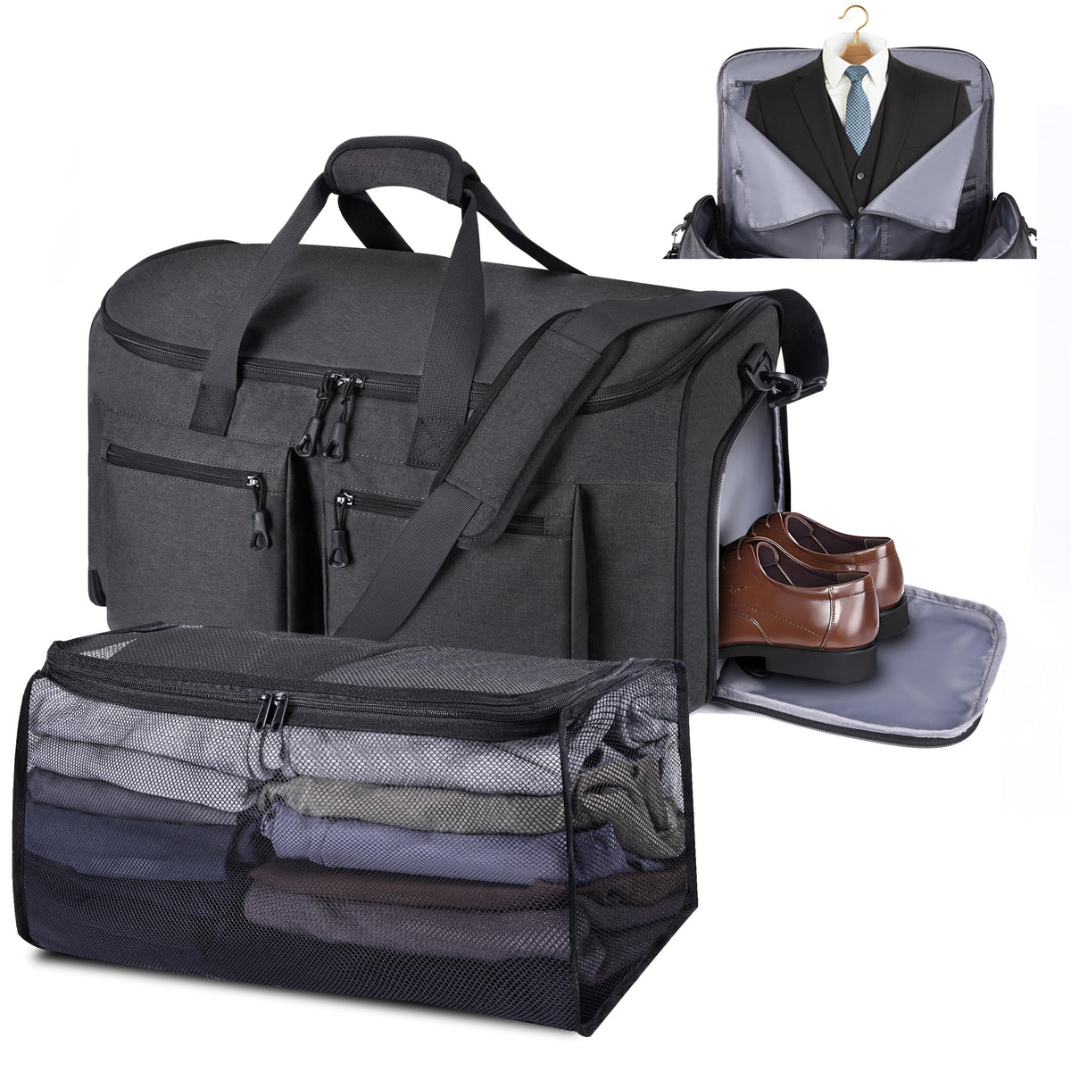 HILOMON Convertible Duffle Bags for Travel Carry On Suit Duffle Bags with Shoulder Strap 2 in 1 Hanging Garment Duffle Bag for Men Women (Black Mesh Storage)