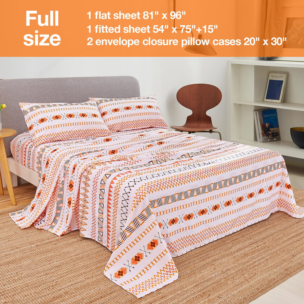 JSD Orange Boho Sheet Set Full Size, Soft Geometric Printed Microfiber Sheets Extra Deep Pocket Wrinkle Free