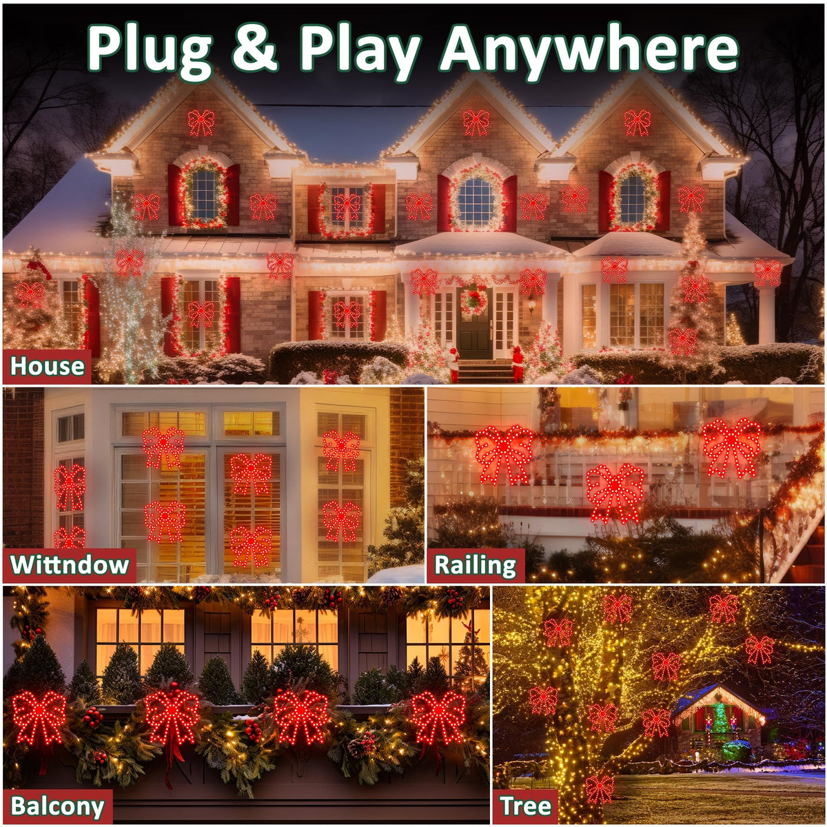 ElectricWise 3 Pack Hi Vibrant Twinkling LED Christmas Bow Decoration, 10'' Christmas Bow Window Lights, Waterproof Lighted Window Silhouette Lights for Holiday Wall Door Xmas Decor