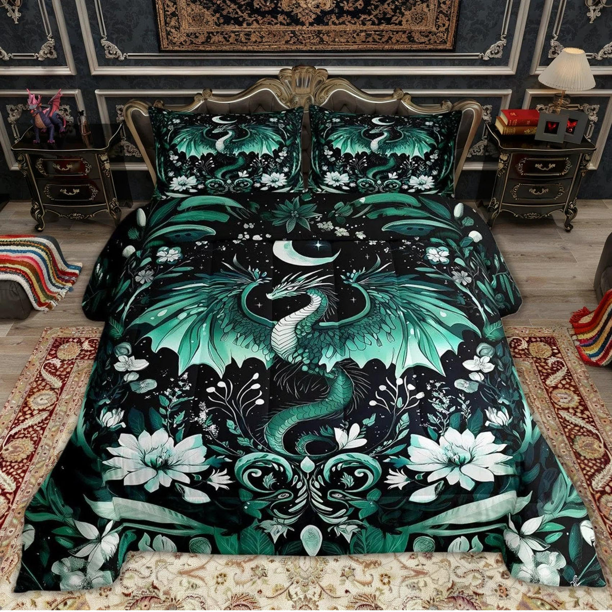 Feelyou Kids Dragon Comforter Set Queen Size, Green Dragon Bedding Set for Kids Boys Girls Boho Duvet Insert Room Decor 3Pcs
