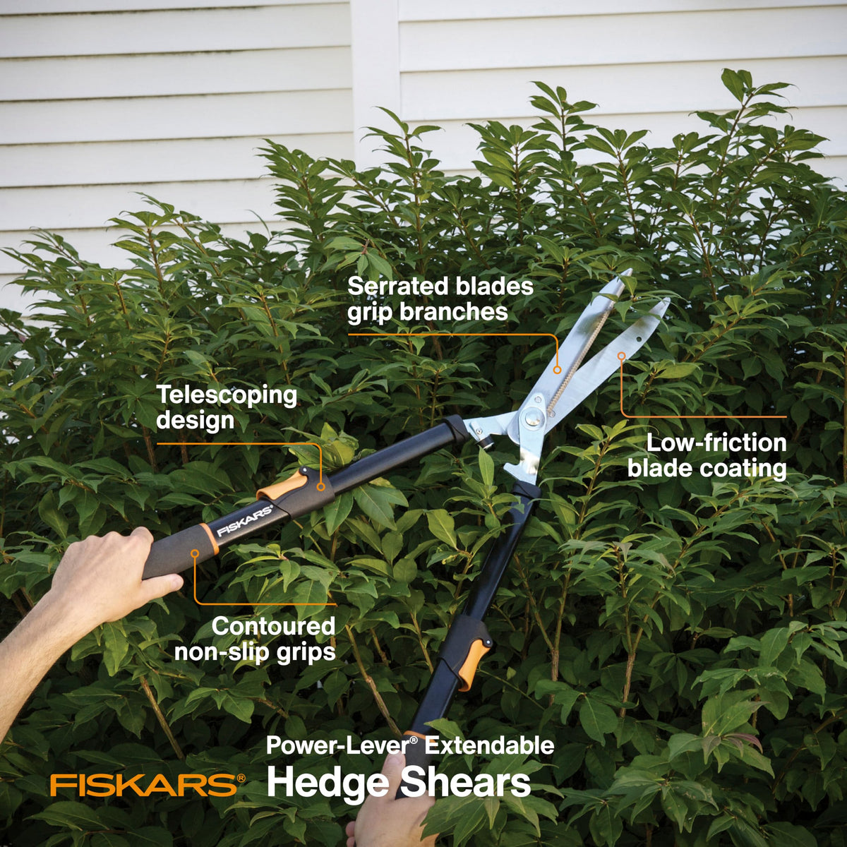 Fiskars Power-Lever Extendable Hedge Shears, Self-Sharpening Serrated Steel Blades for Clean Cuts, Handles Adjust 25"-33" for High Reach, Multiplies Leverage for 2x Power, 10" Blades, Orange/Black