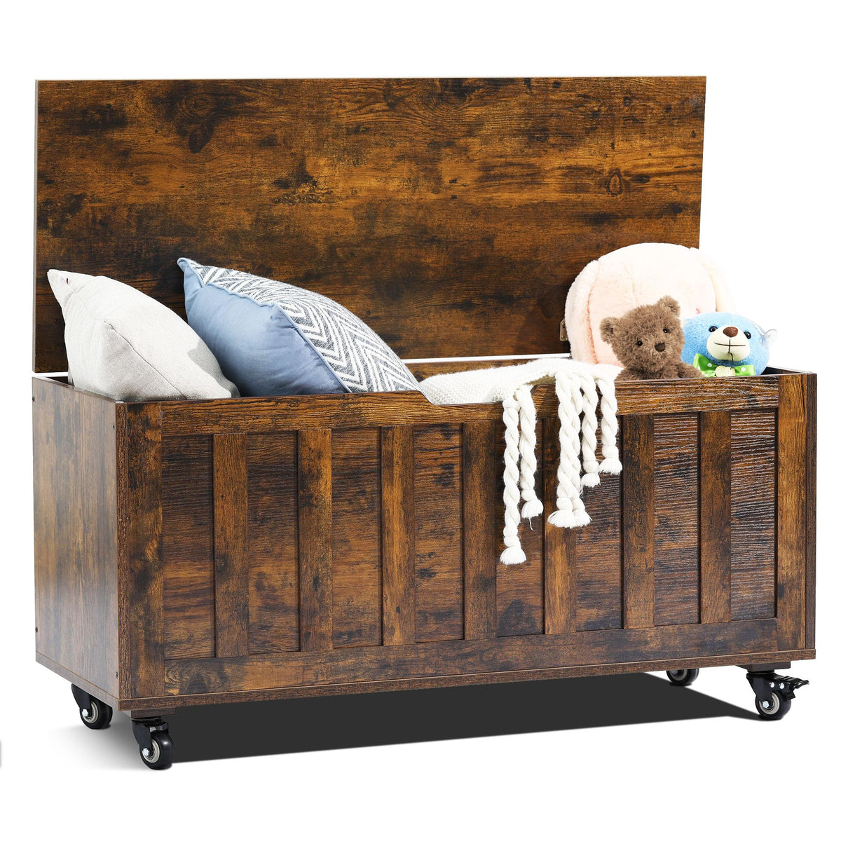 HYZ Storage Chest, 39.4'' Wooden Storage Bench with 4 Wheels & 2 Safety Hinges, Retro Toy Box Support 300 lbs for Bedroom, Living Room, Easy Assembly, Rustic Brown