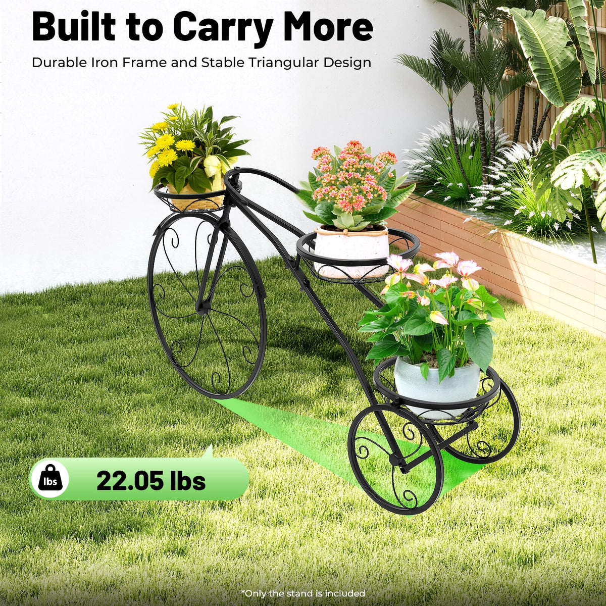 APOUDM 3 Tier Metal Bicycle Planter Large Bike Shaped Flower Stand 82x24x51cm Metal Plant Stand Freestanding Multi-Tier Plant Rack Flower Display Stand Cart for Living Room Balcony Patio (Black)