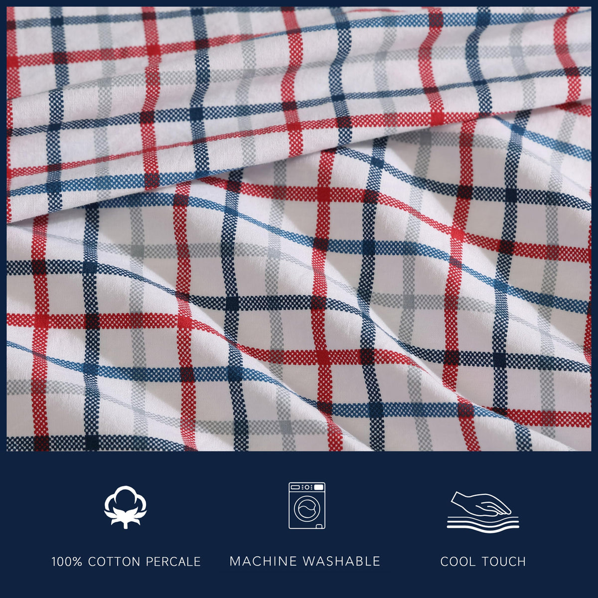 Nautica – Full Size Sheet Set, Crisp Cotton Percale Bedding with Matching Pillowcases, Lightweight & Breathable Bed Sheets, Deep Pocket, College Dorm Room Essentials (Boating Tattersall Grey)