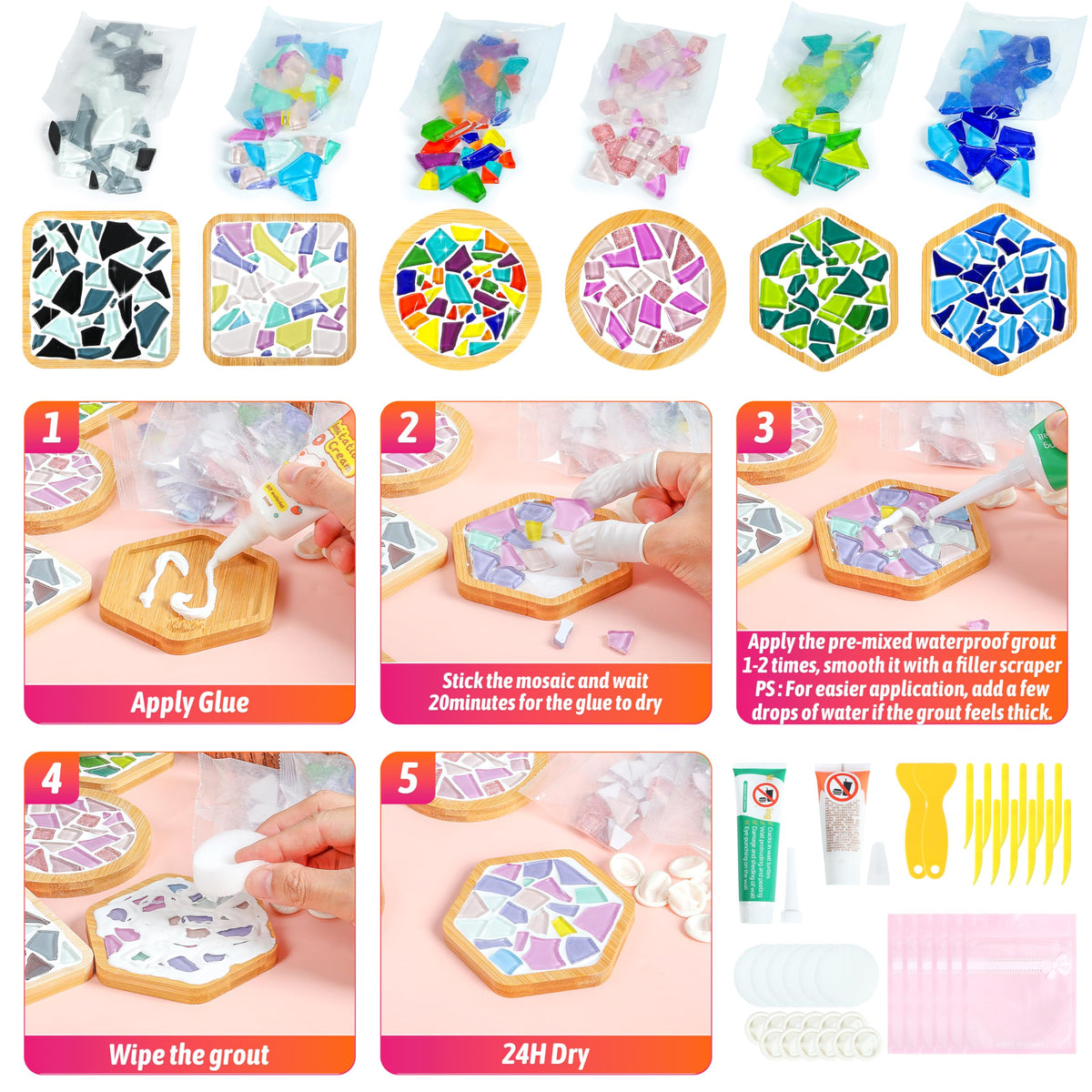 ZAIONE Coaster Crafts Kit for Adults: 6 Sets DIY Mosaic Tiles Coasters with Grout Filler for Mother's Day Drinks Bottle Coffee Mug Home Decor