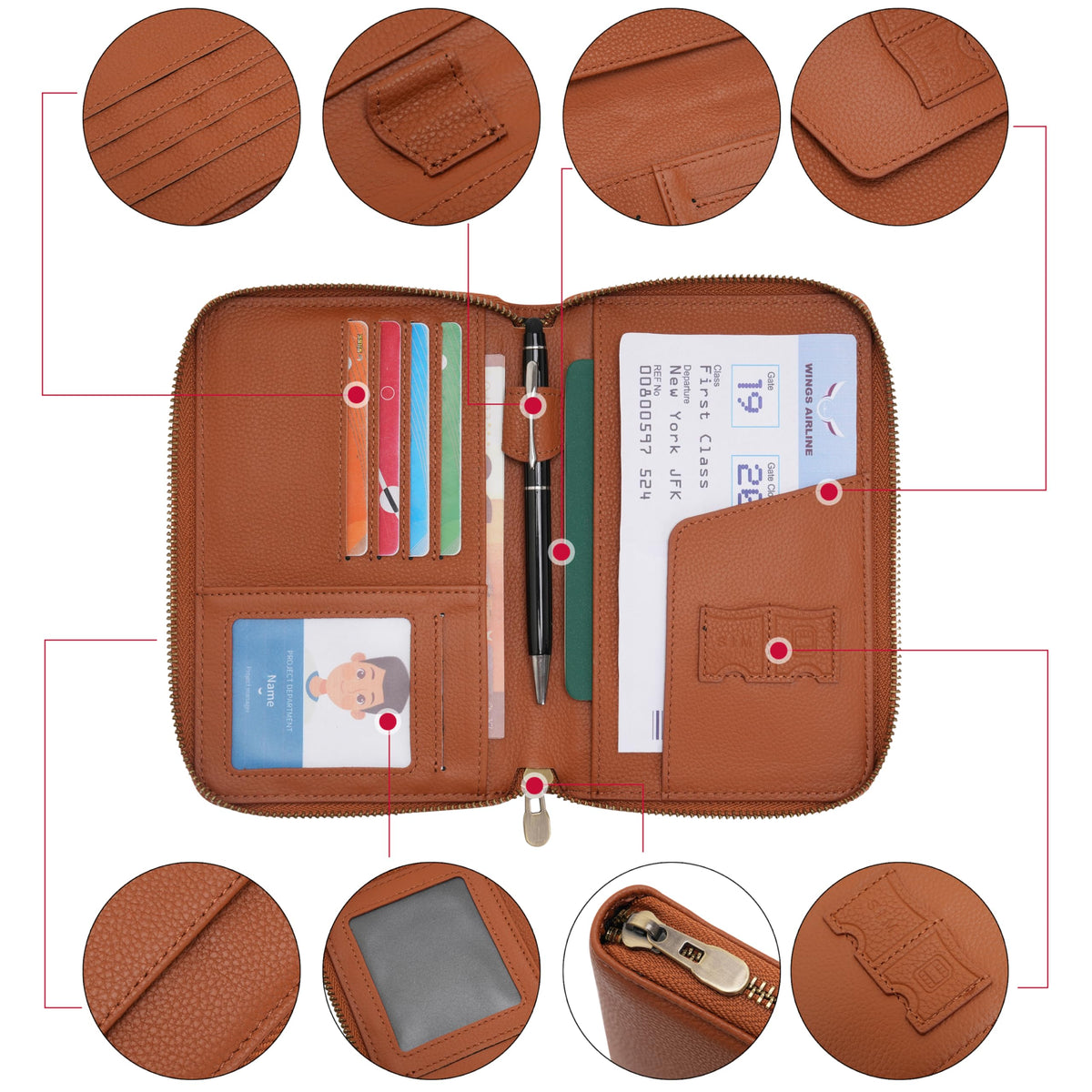 WASON Leather Zipper Travel Passport Wallet Holder RFID Blocking Cover, Passport case Pocket Slot for Card, Cash, ID, Boarding Pass and Ticket for Men, Women and Family Trips (Brown)