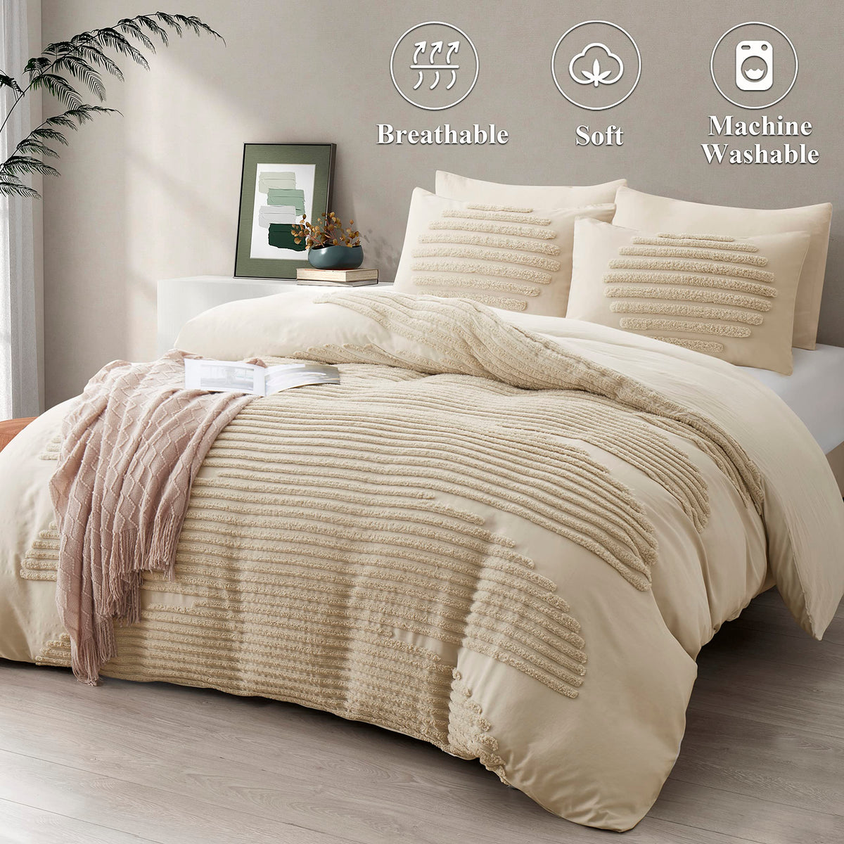 BEDAZZLED Queen Size Duvet Cover, 5 Pieces Beige Textured Duvet Cover Sets, Soft and Breathable Boho Tufted Bedding Comforter Cover Set for Gifts, Comforter Not Included (Beige, Queen)
