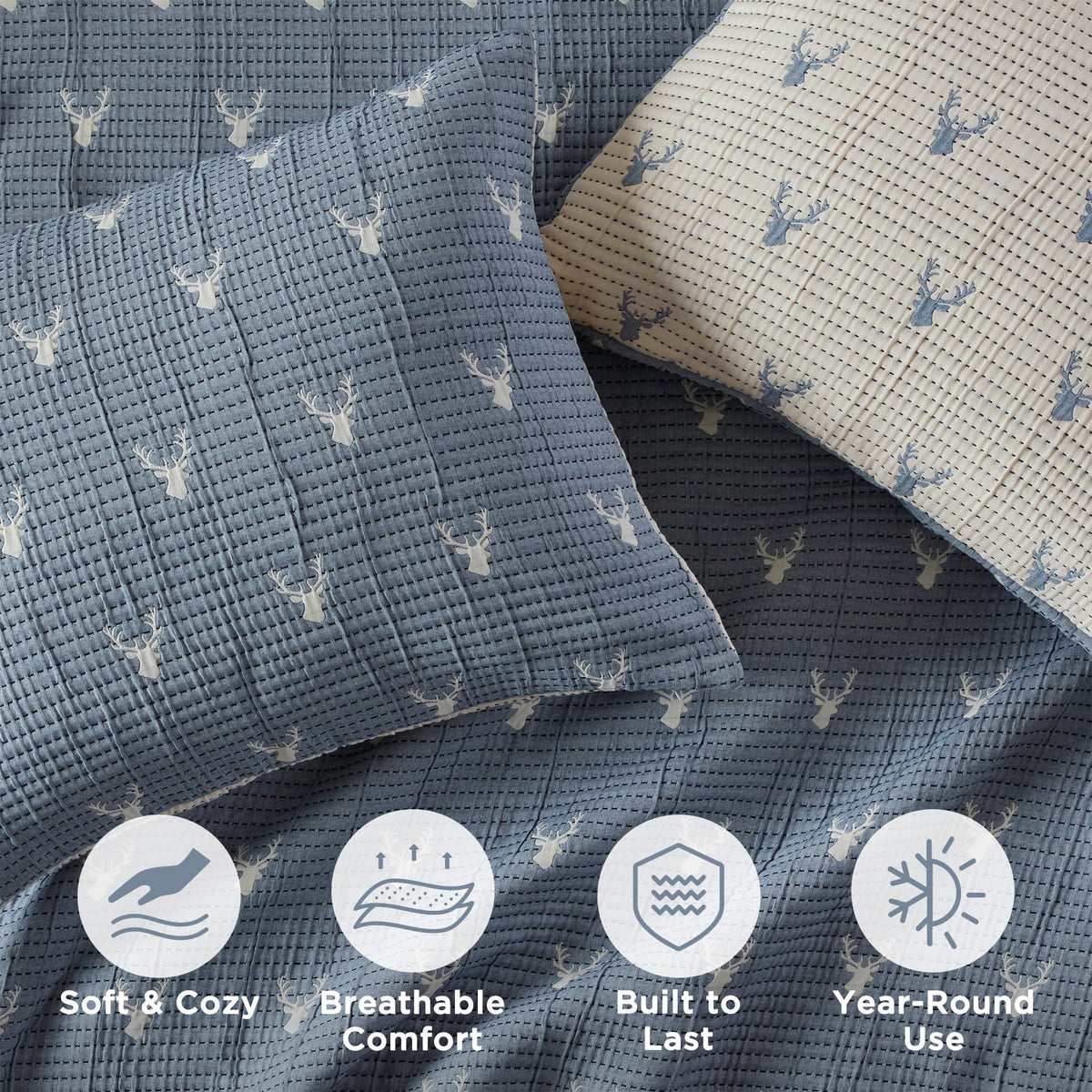 Woolrich Coverlet Set Rustic Lodge Design, 3 Piece Set All Season, Lightweight Reversible Farmhouse Bedspread Bedding, Shams, Full/Queen, Blue
