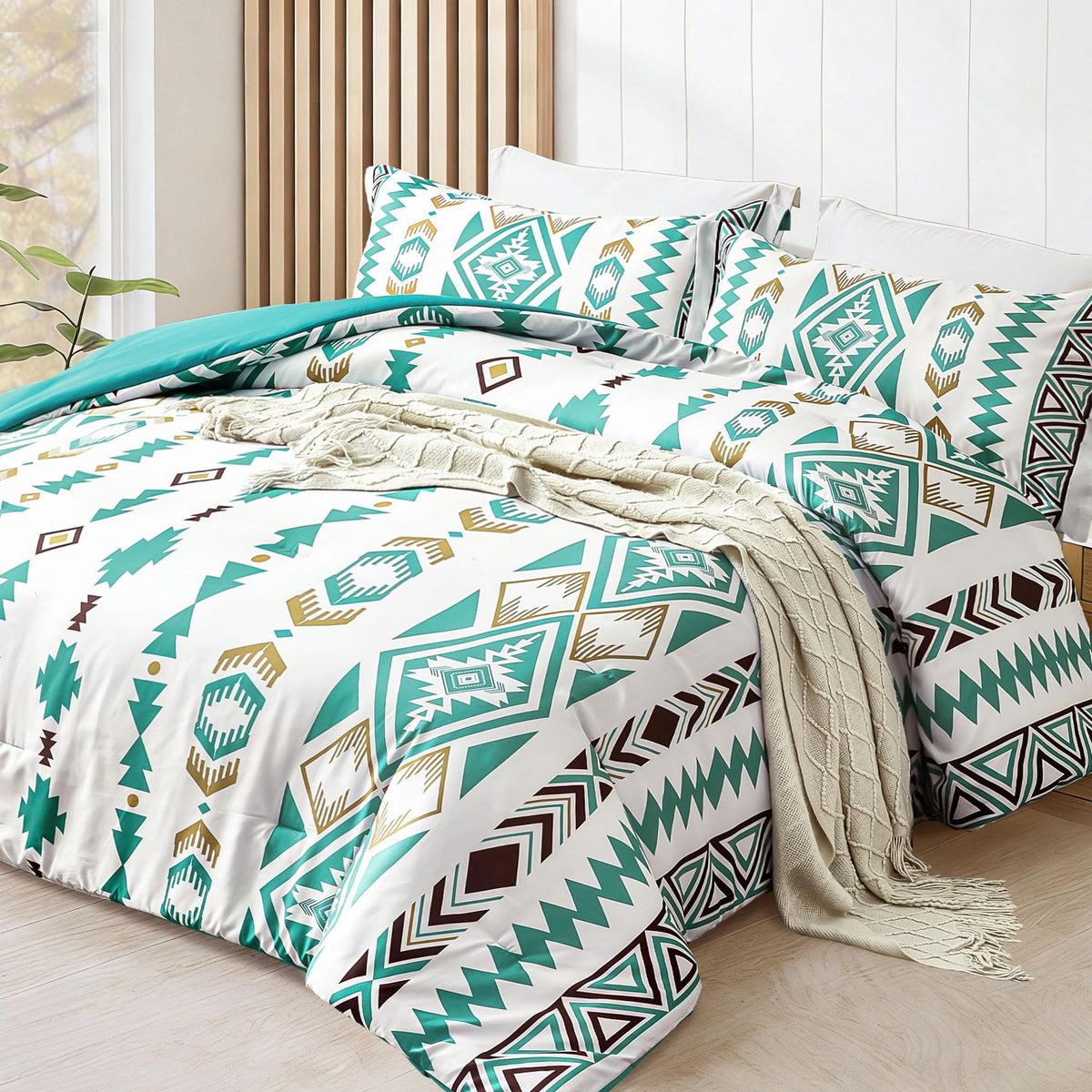 Tyrot King Comforter Set – 3 Piece Turquoise Boho Aztec Bedding, Western Southwestern Style Comforter Sets, Soft Lightweight Comforter for All Seasons, 1 Comforter & 2 Pillow Shams