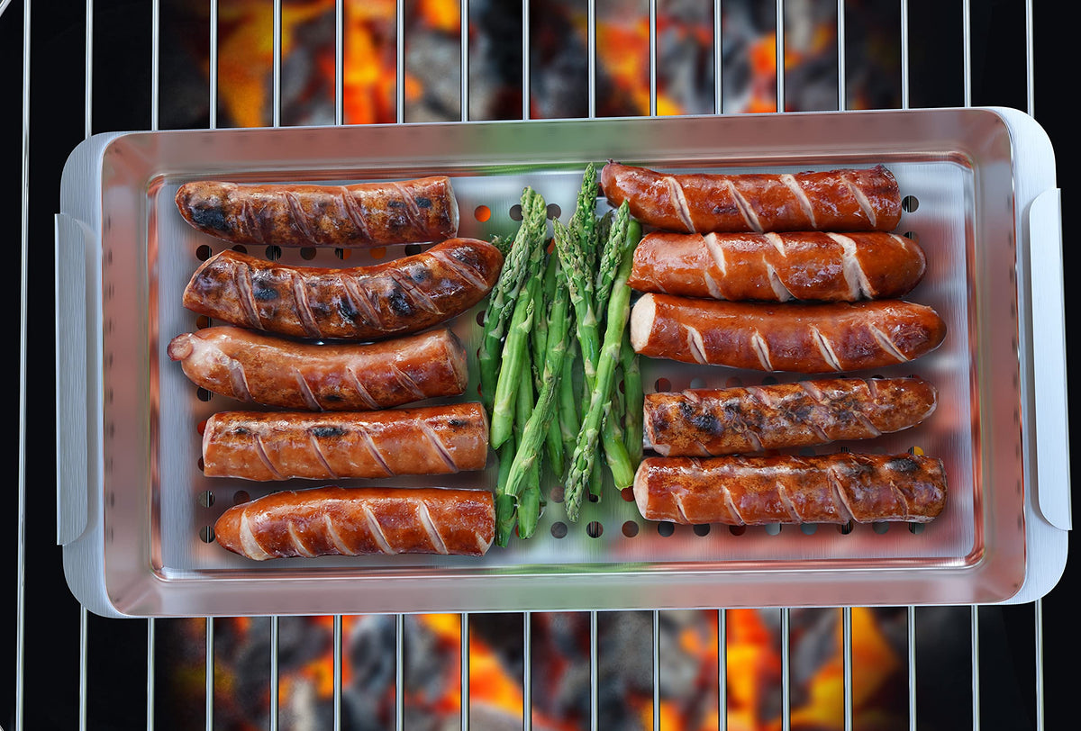Yukon Glory BBQ Vegetable Grill Basket Set, Stainless Steel, 3 Baskets with Drip Tray & Removable Handle for Fish, Shrimp & Veggies
