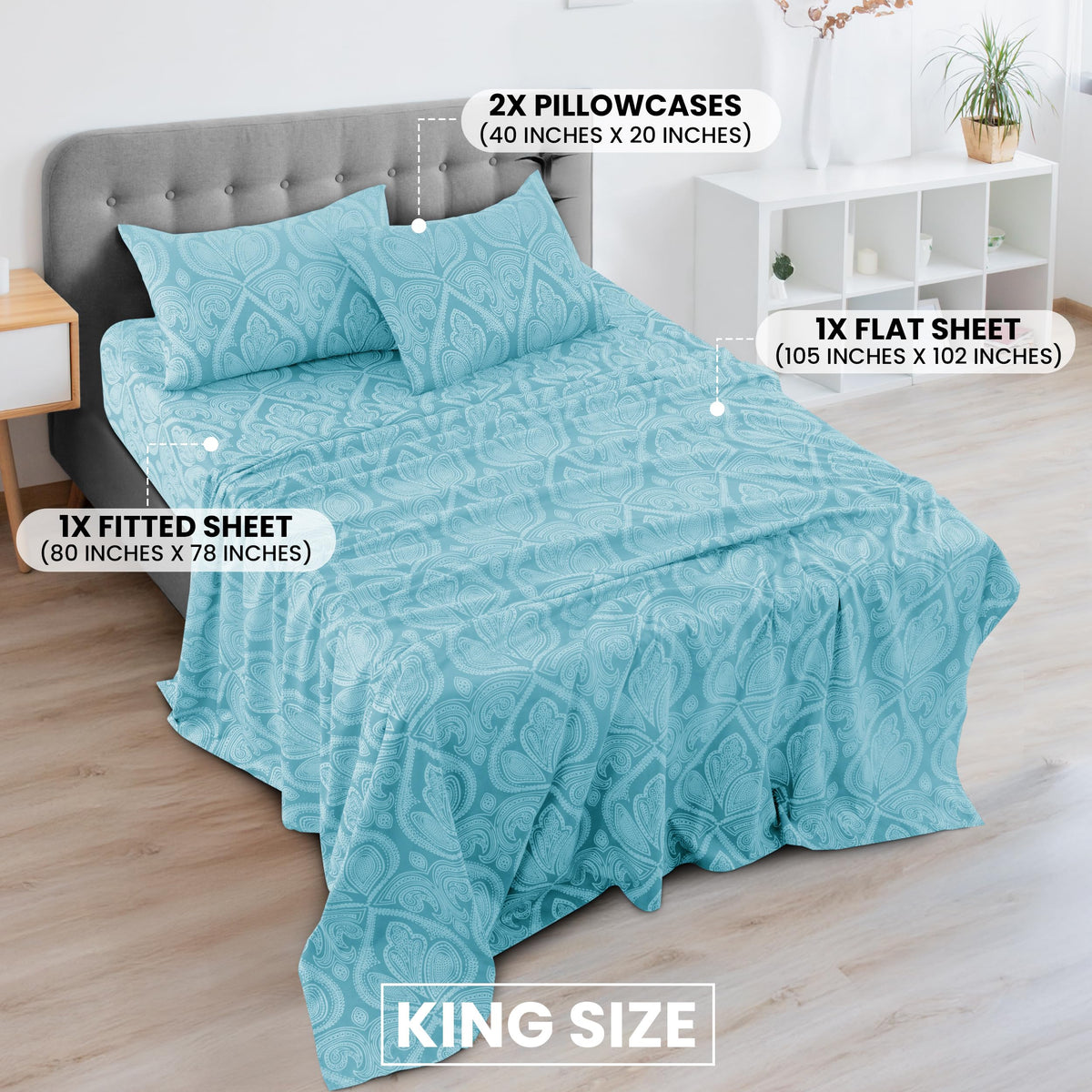 Hannah Linen Paisley King Sheet Set, 4 PC Soft Microfiber Wrinkle Free Sheets - Luxurious Printed Bed Sheets Includes Flat Sheet, Fitted Sheet with Deep Pockets, & 2 Pillowcases - Blue