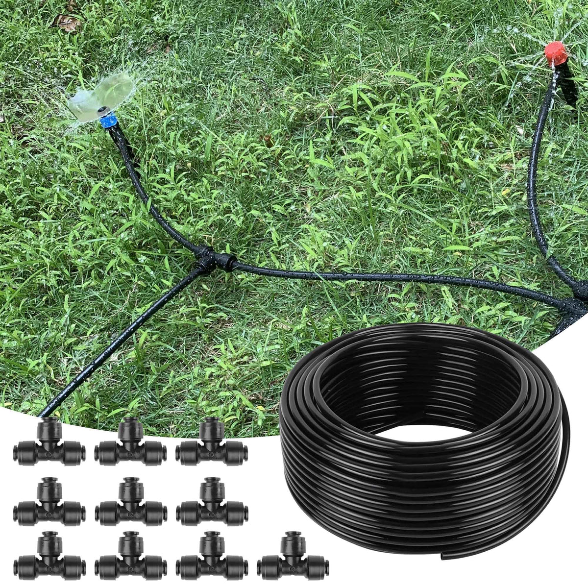 100FT 1/4 Inch Drip Irrigation Tubing with 10 Pack Push-to-Connect 1/4" Tee Connectors, Distribution Drip Line Hose & Universal Tee Fitting, for Drip Irrigation Parts or Drip System and Misting System