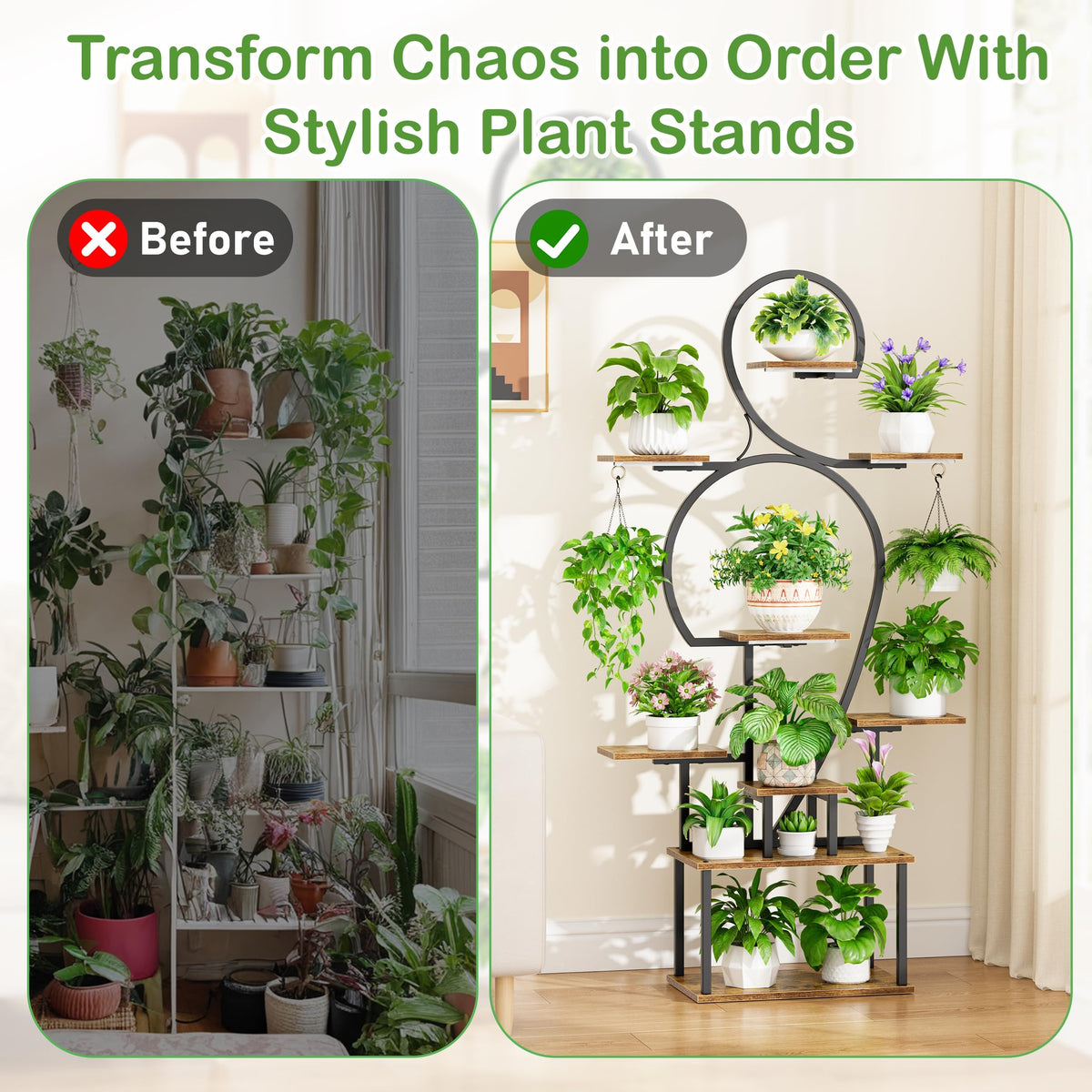 POZILAN Plant Stand Indoor with Grow Lights, 63'' Tall Indoor Plant Shelf, 9 Tiered Lighted Plant Stands for Living Room, Metal & Wood Corner Large Flower Holder for Alcony, Patio & Home, Black