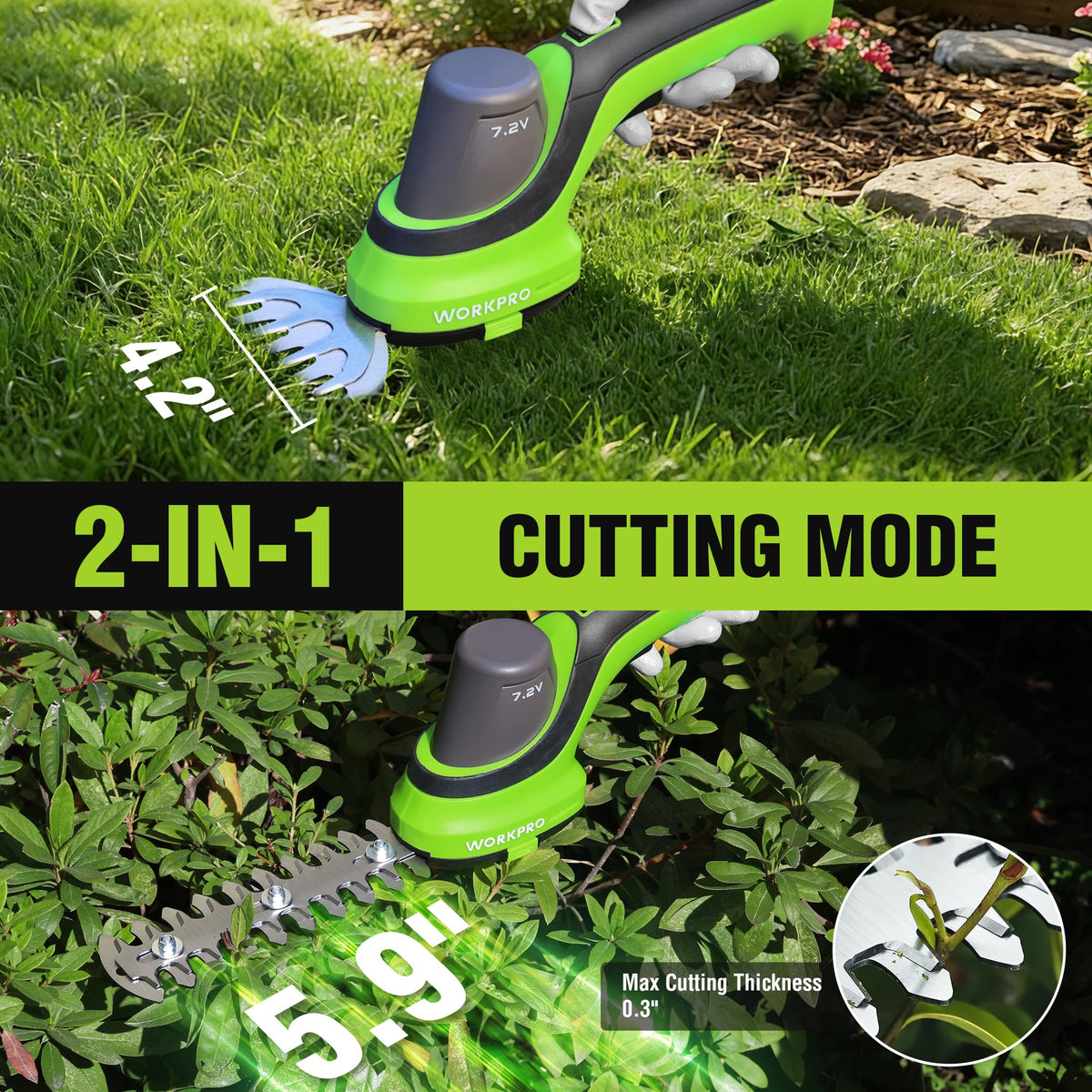 WORKPRO 7.2V Handheld Grass Trimmer, 2-in-1 Cordless Hedge Trimmer & Grass Shears with 2Ah Battery, Small Bush & Shrub Trimmer for Lawn Edging, Garden, Yard & Hedge Trimming