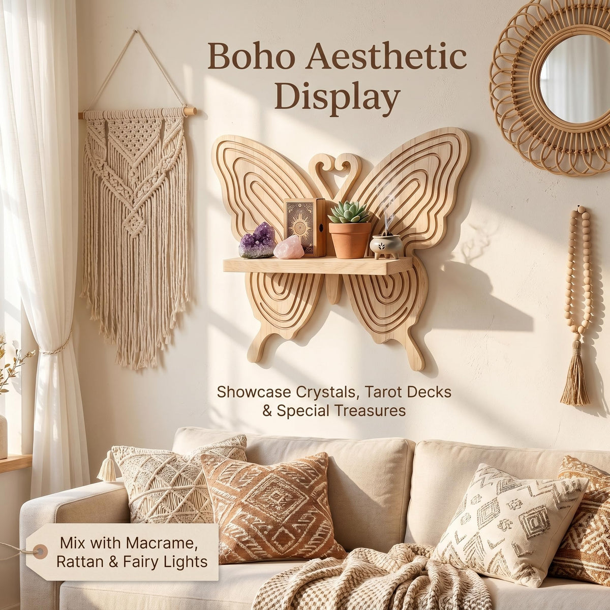 Stylitzy Boho Butterfly Wooden Floating Wall Shelf, Carved Wood Wall Art Decor, Wall Mounted Display Rack for Plants, Photos & Figurines, Hanging Storage Shelf for Bedroom Living Room