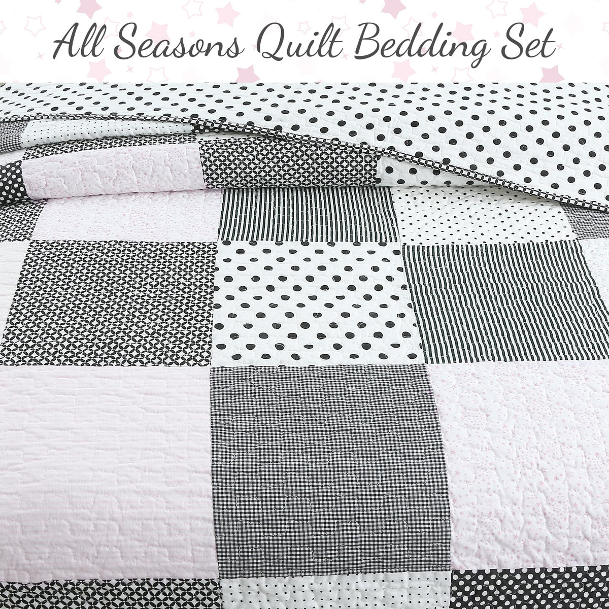 Cozy Line Home Fashions Black White Pink Polka Dots Striped Star Girl 100% Cotton Reversible Quilt Bedding Set, All-Season Coverlet Bedspread (Black Pink, Twin - 2 Piece)