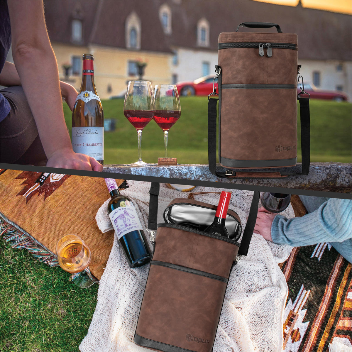 opux 2 Bottle Wine Carrier Tote, Insulated Leakproof Wine Cooler Bag, Wine Travel Bag for Picnic BYOB Beach, Portable Wine Bottle Carrying Case, Gift for Wine Lover Women Men Christmas, Brown Leather