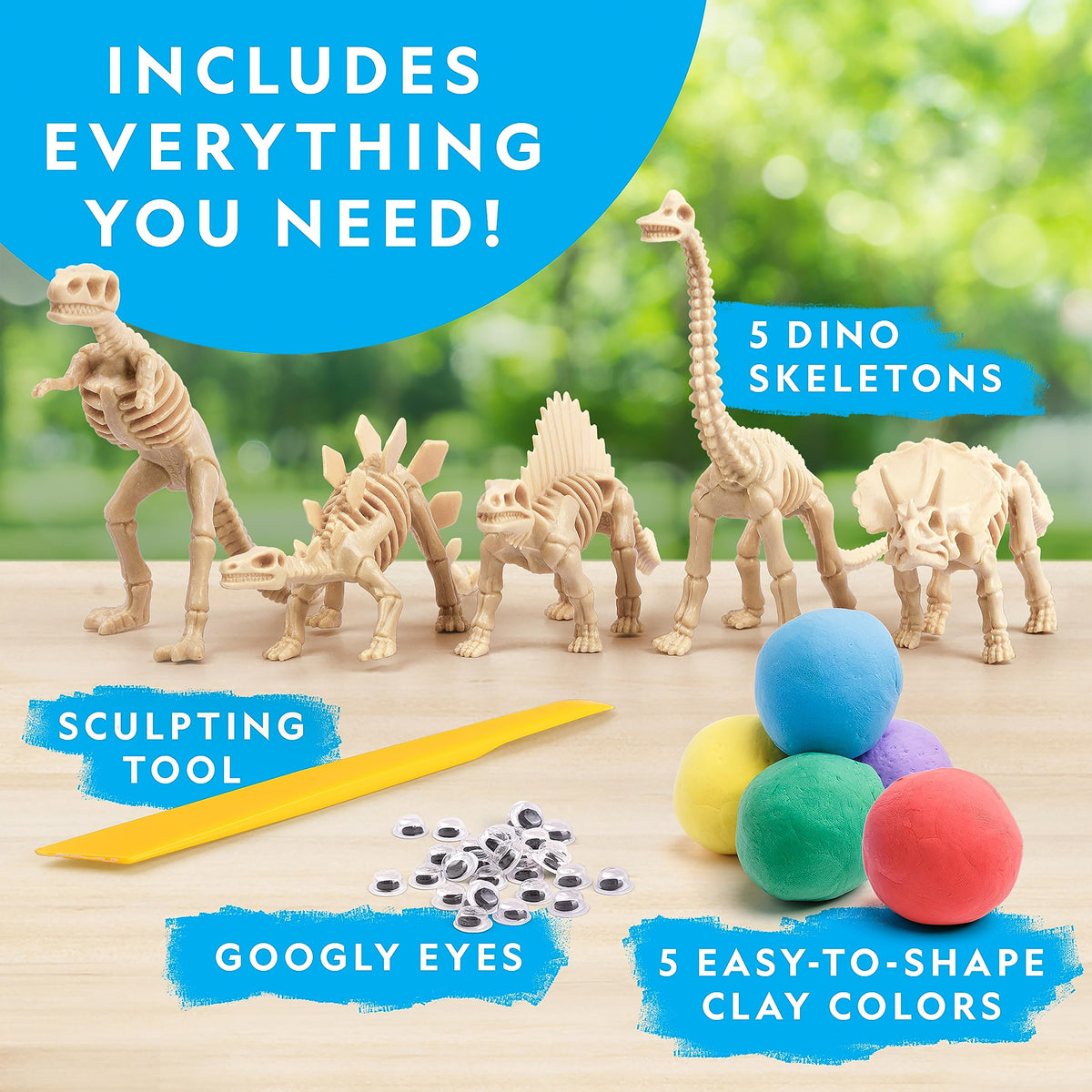 Blue Marble National Geographic Clay Dinosaur Arts & Crafts Kit - Air Dry Clay for Kids with 5 Clay Colors, 5 Dino Skeletons & Googly Eyes, Dinosaur Activity for Girls and Boys Ages 4 5 6 7 8 9 & 10
