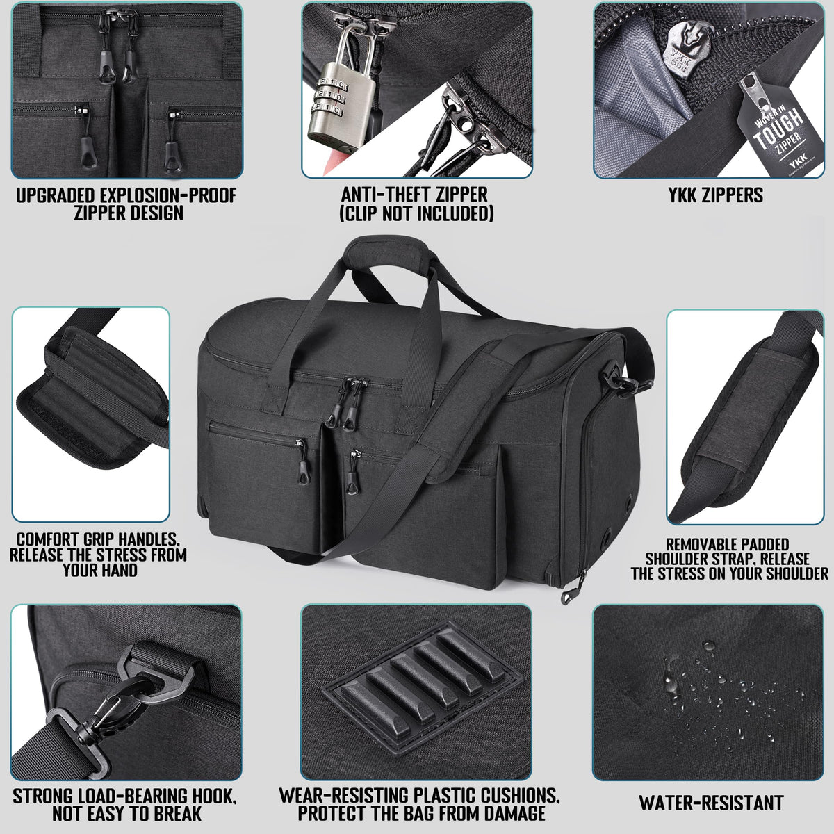 HILOMON Convertible Duffle Bags for Travel Carry On Suit Duffle Bags with Shoulder Strap 2 in 1 Hanging Garment Duffle Bag for Men Women (Black Mesh Storage)