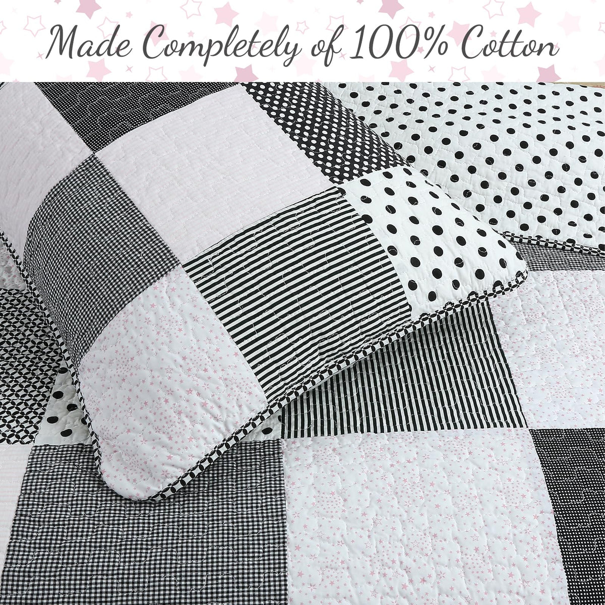Cozy Line Home Fashions Black White Pink Polka Dots Striped Star Girl 100% Cotton Reversible Quilt Bedding Set, All-Season Coverlet Bedspread (Black Pink, Twin - 2 Piece)