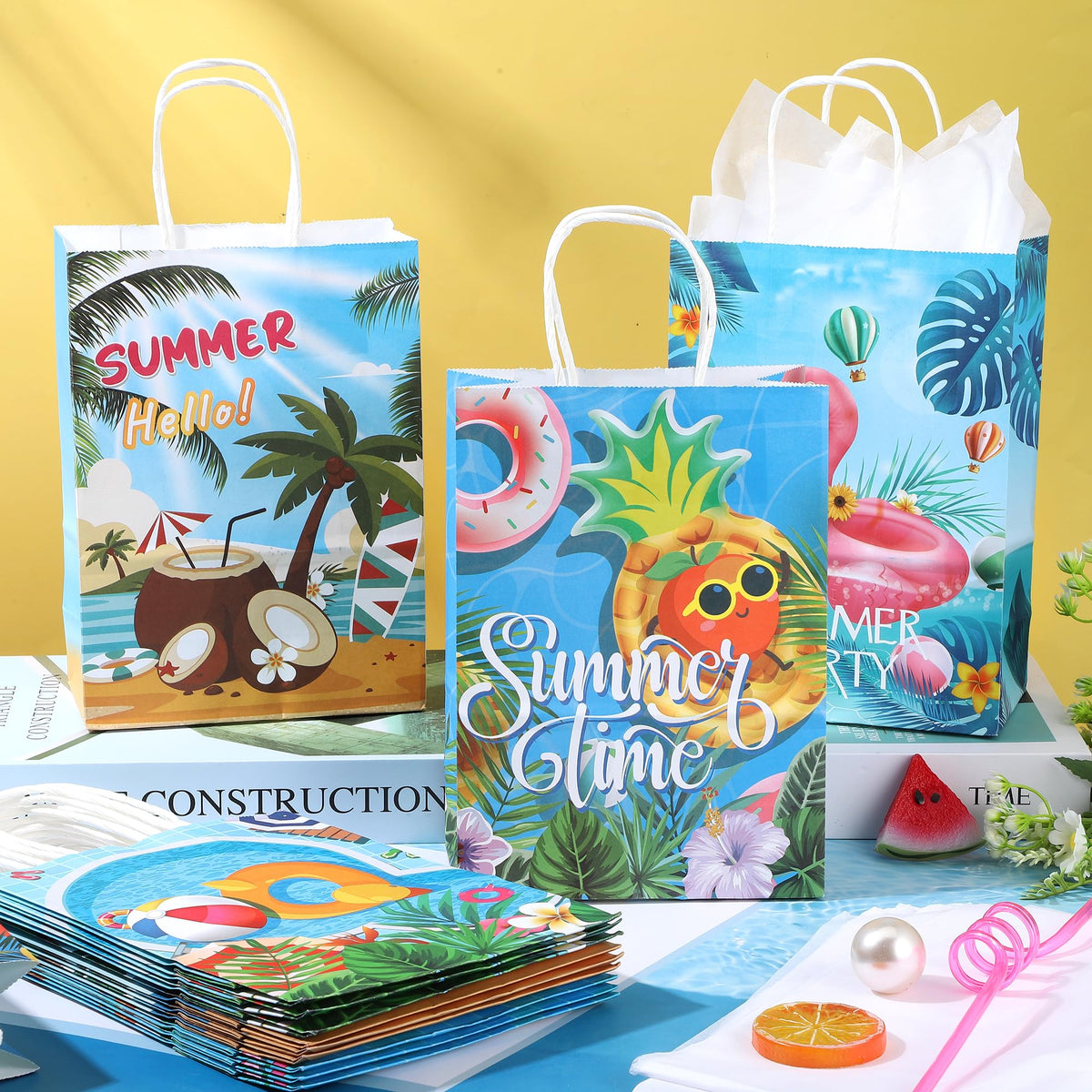 MIMIND Summer Beach Party Paper Bags with Tissue Paper 48 Pack Pool Kraft Goodie Candy Gift Treat Bags with Handles for Summer Luau Tropical Beach Party Favors Supplies