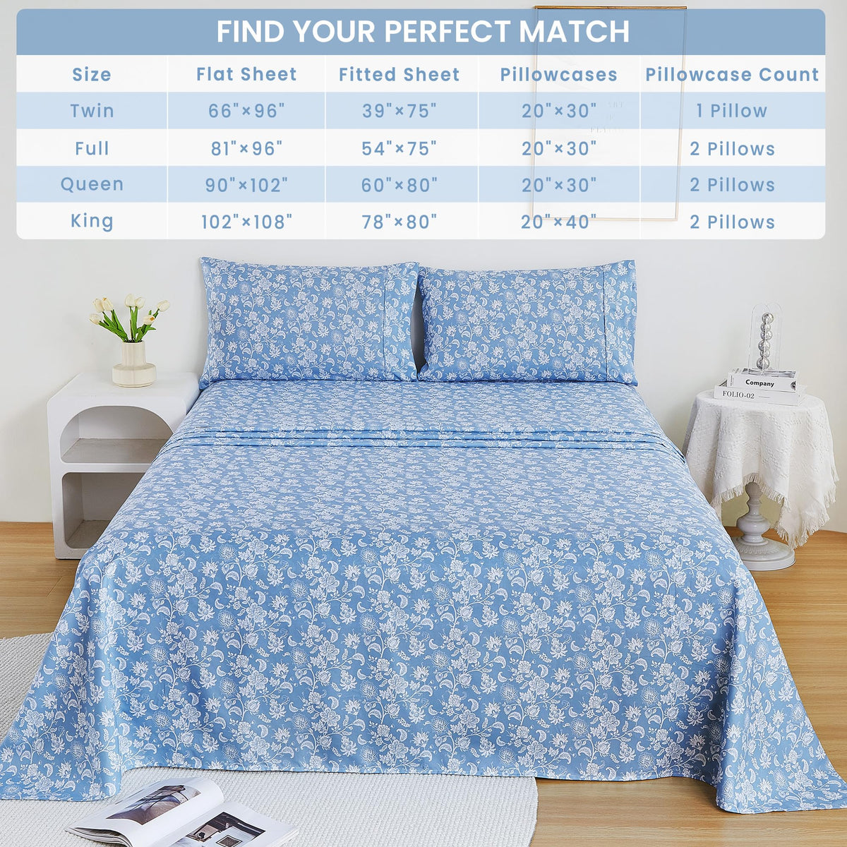 Mooreeke Cozy Vintage Microfiber Printed Full Sheet Set - Soft & Breathable Percale Blue Paisley Bed Sheets with Extra Deep Pocket - Non-Slip Fitted Design - Blue Flower Pattern - Full