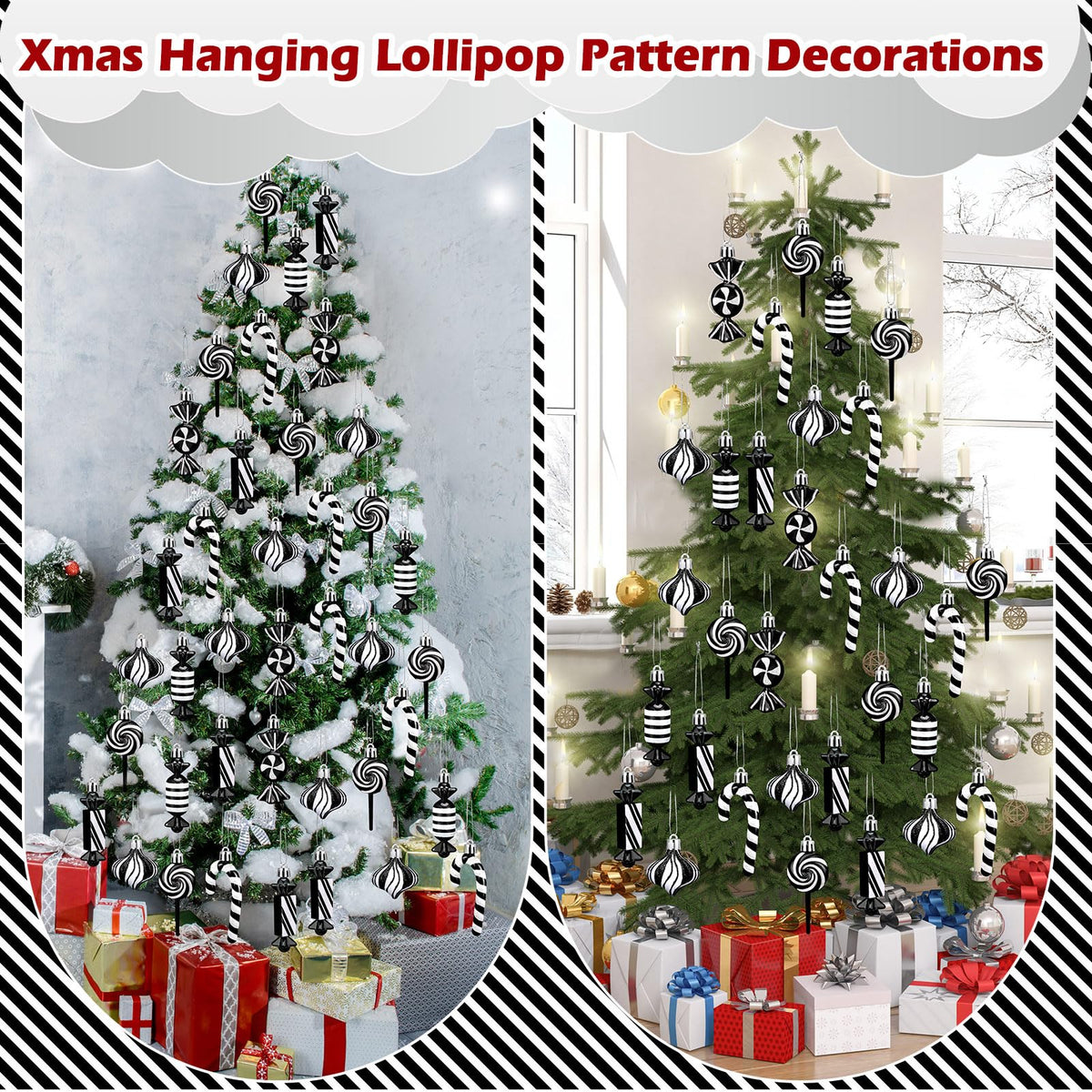 Realspring 30 Pcs Christmas Candy Ornaments Peppermint Candy Cane Christmas Decorations Plastic Lollipop Hanging Ornaments with Rope for Xmas Tree Party Holiday Supplies(Black White)