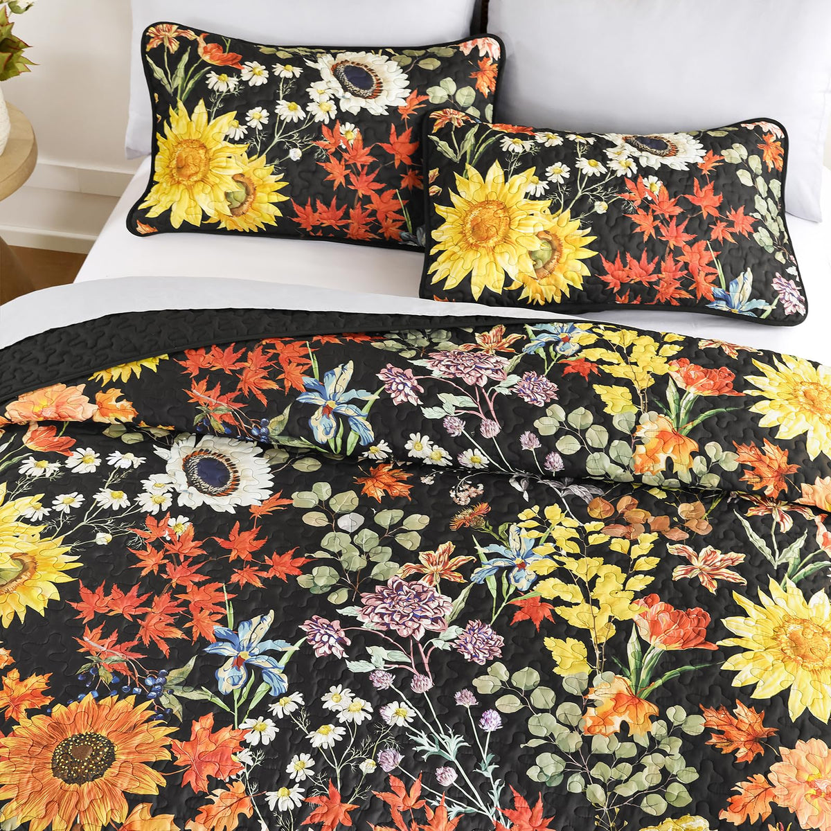 Yiran Quilt King Size, Black Yellow Floral Bedspreads Bedding Set, 3 Pieces Spring Summer Soft Lightweight Microfiber Coverlet with 2 Pillow Shams for All Season 106x90 Inch