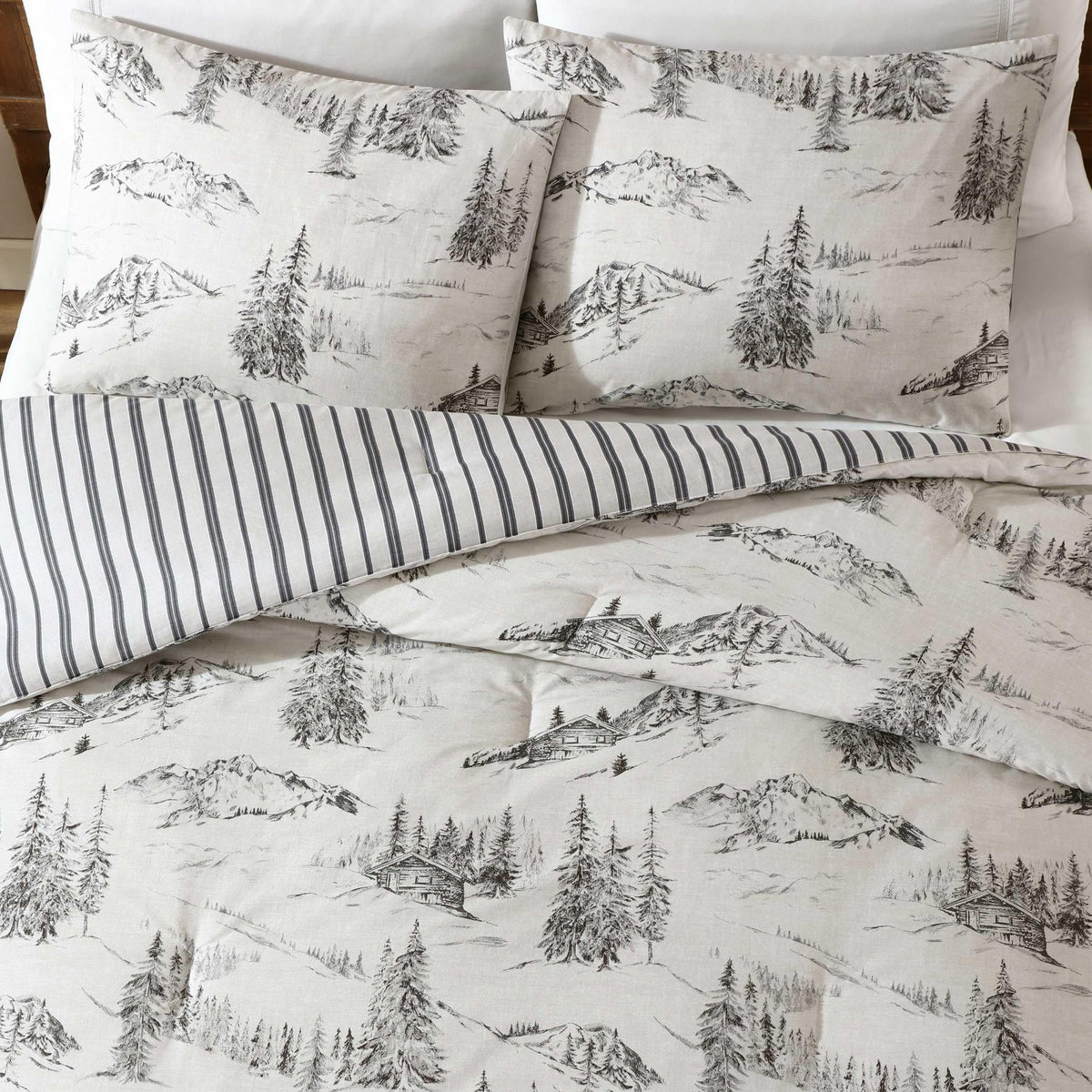 Eddie Bauer - Queen Duvet Cover Set with Shams, Cotton Percale Bedding, Reversible, Center Closure, Rocky Mountain Cabin Grey
