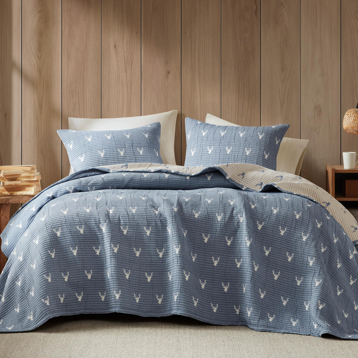 Woolrich Coverlet Set Rustic Lodge Design, 3 Piece Set All Season, Lightweight Reversible Farmhouse Bedspread Bedding, Shams, Full/Queen, Blue