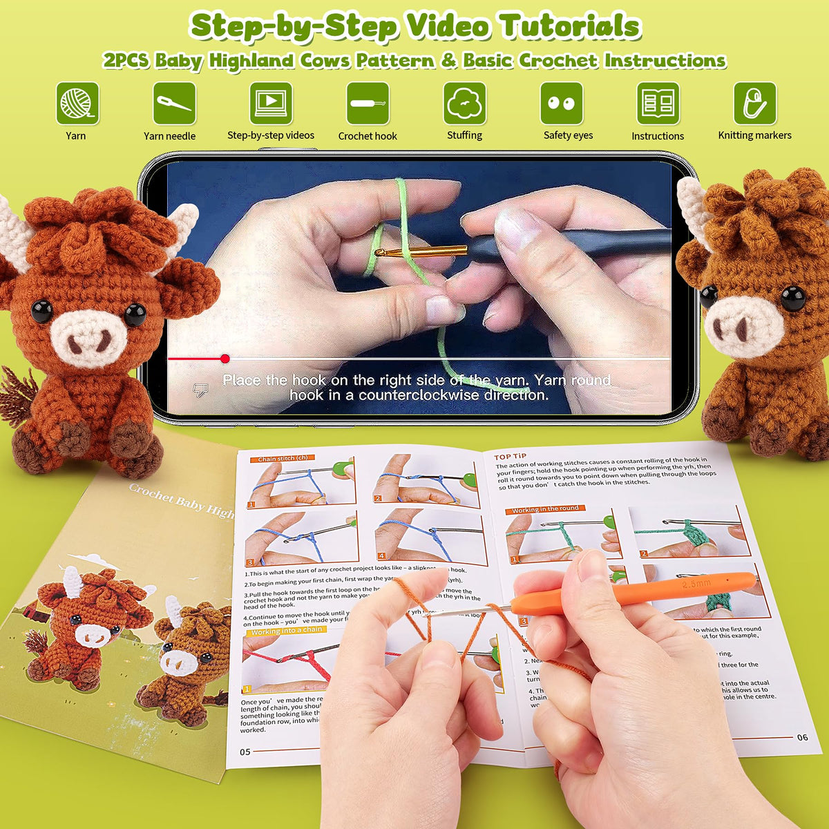 Highland Cow Crochet Kit for Beginners - 2PCS Animals Crochet Kit with Step-by-Step Video Tutorials, Highland Cows Crocheting Kit, Crochet Starter Kit for Adults, Animal Knitting Kit for Birthday