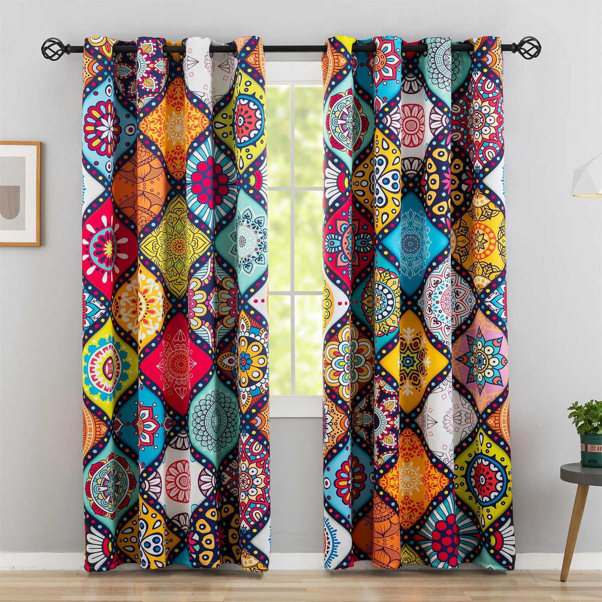 Tyrot Bohemian 100% Blackout Curtains for Bedroom 84 inch Length 2 Panels Set Boho Colorful Mandala Thermal Insulated Room Darkening Window Drapes Patterned Black Out Curtains for Living Room, 52Wx84L
