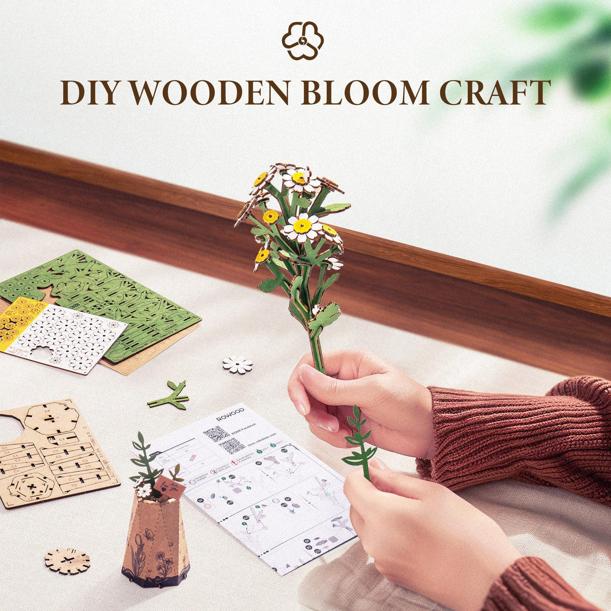 ROBOTIME 3D Wooden Flower Puzzle, Chamomile DIY Craft Kit for Adults, Artificial Flower for Home Table Decor, Gift for Women, Mom, Wife