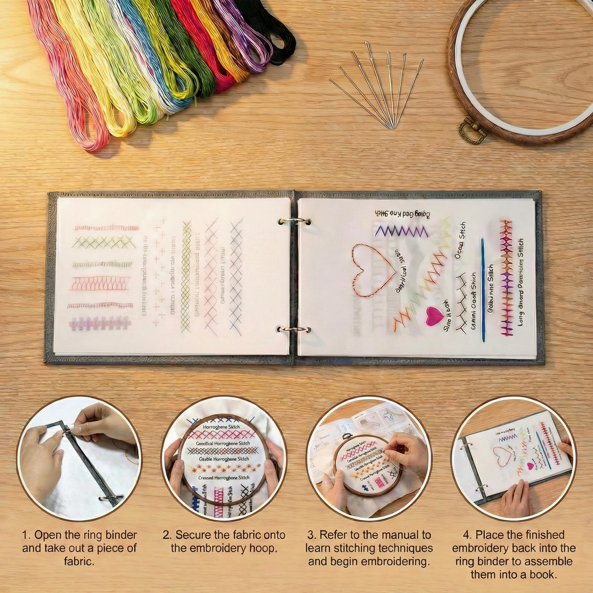 Embroidery Kit with Ring Binder Removable Pages Stitch Book, Patterns, Hoop, Floss, Needlepoint Craft Kit - Cross Stitch for Beginners and Adults