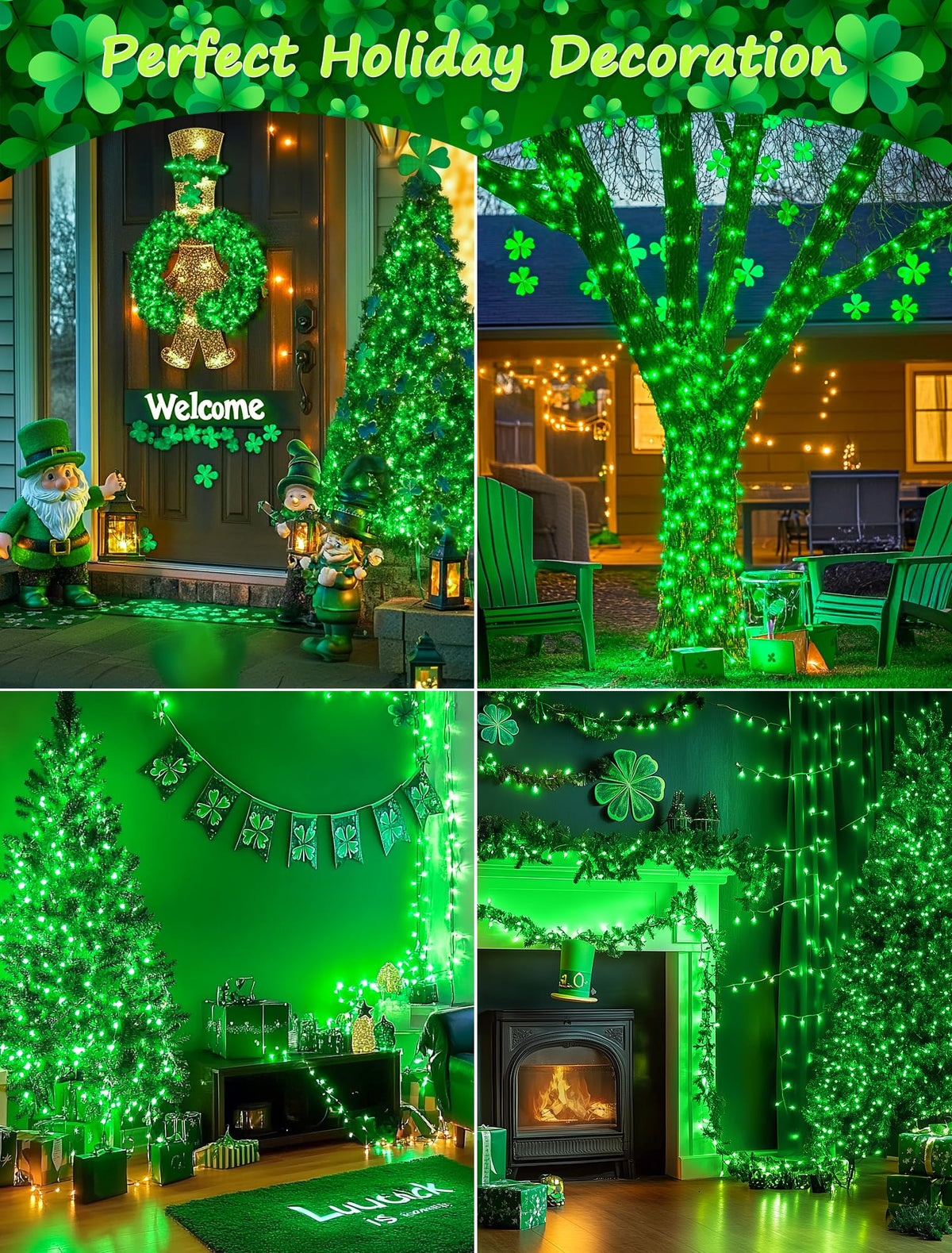 Hopolon St. Patrick's Day String Lights,2 Pack 13FT 50Count Green Mini Lights White Wire,Incandescent Christmas Tree Lights Connectable for Indoor Outdoor Holiday Patio Party Home Decorations